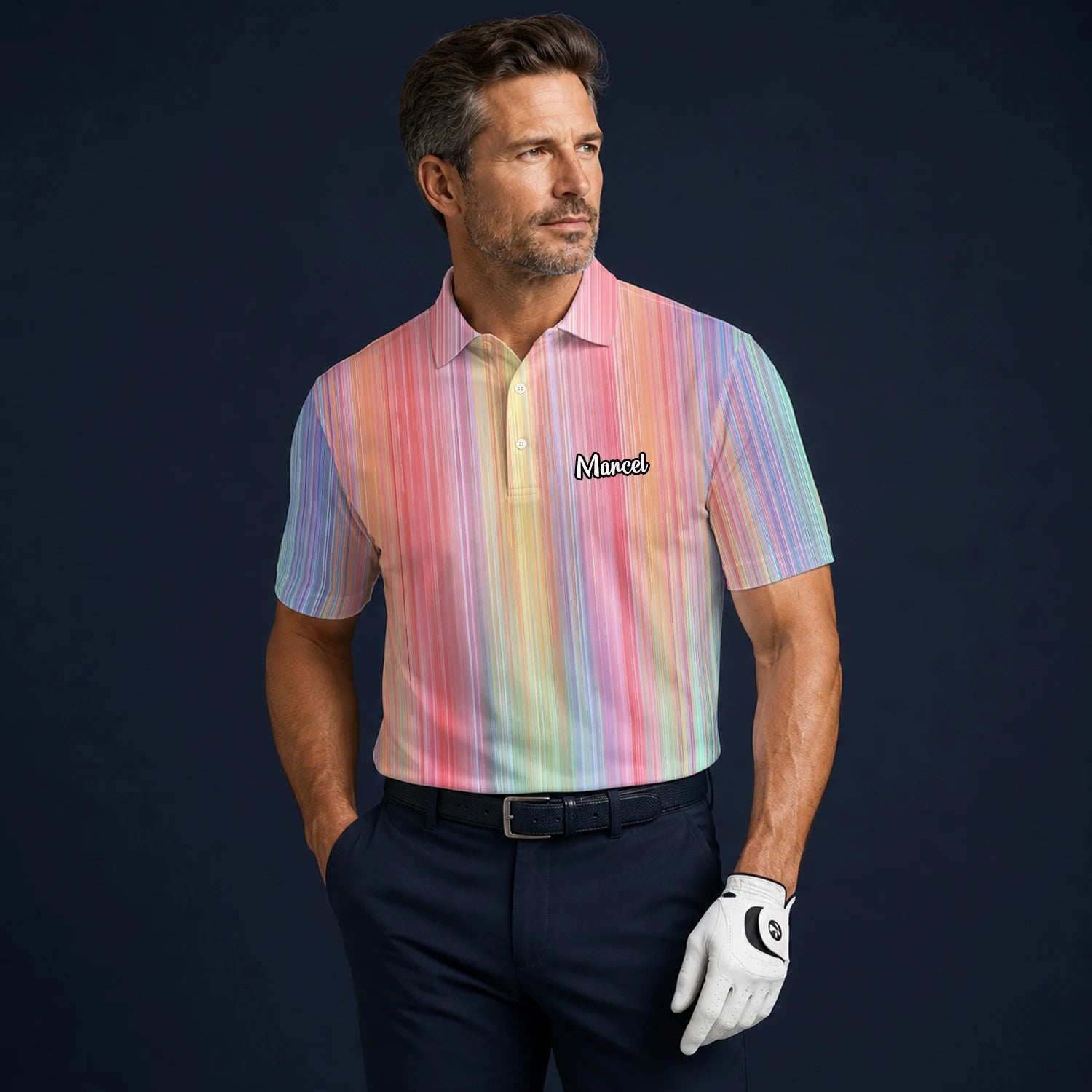 Personalised Pastel Rainbow Stripe Golf Polo Shirt For Men C5307