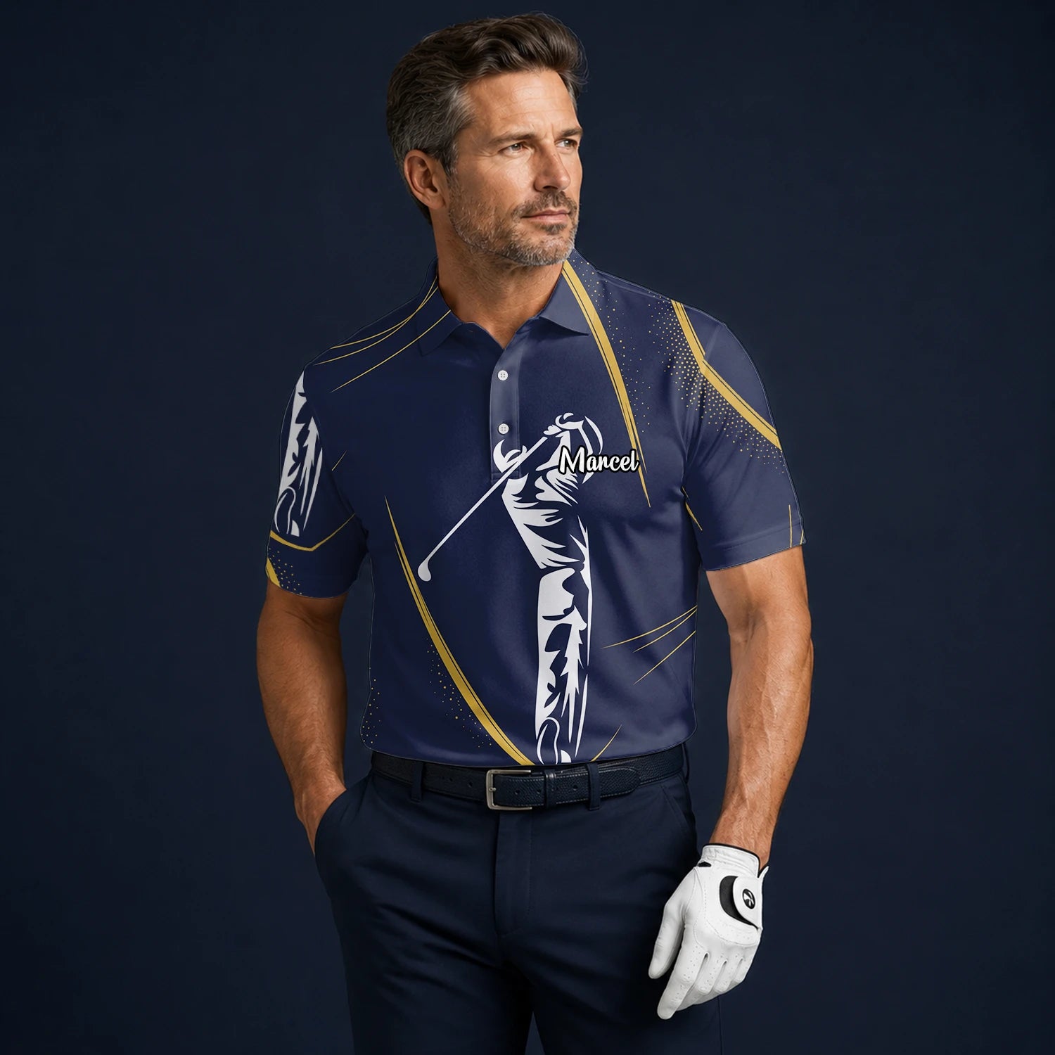 Personalised Navy Gold Golfer Swing Silhouette Golf Polo Shirt For Men A1639