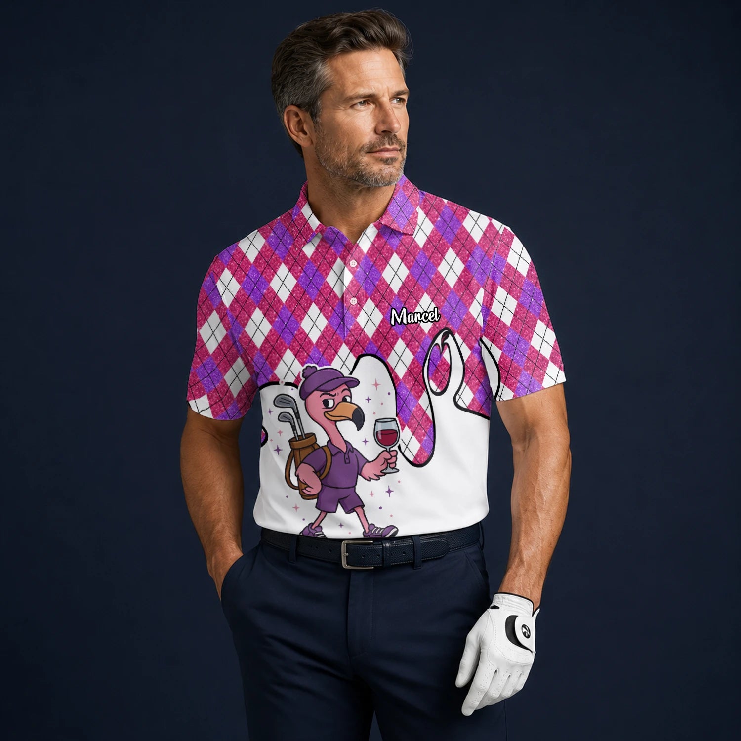 Personalised Pink Purple Argyle Ostrich Golfer Cartoon Golf Polo Shirt For Men D7000