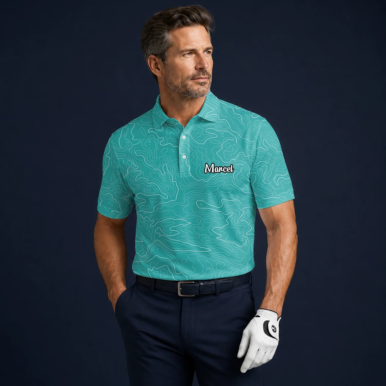 Personalised Teal Topographic Contour Line Golf Polo Shirt For Men U3552