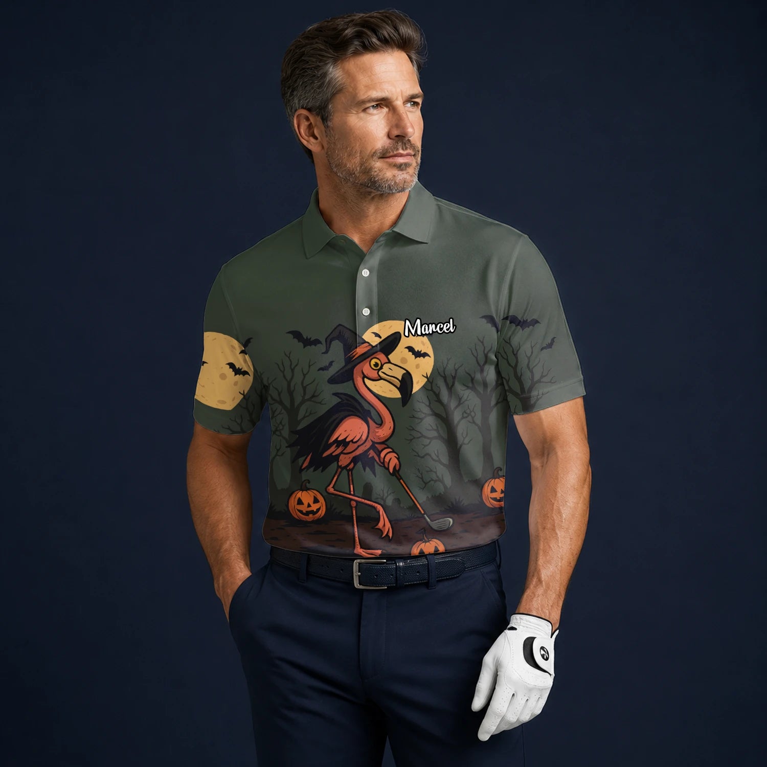 Personalised Olive Halloween Flamingo Witch Golfer Pumpkin Golf Polo Shirt For Men X5811