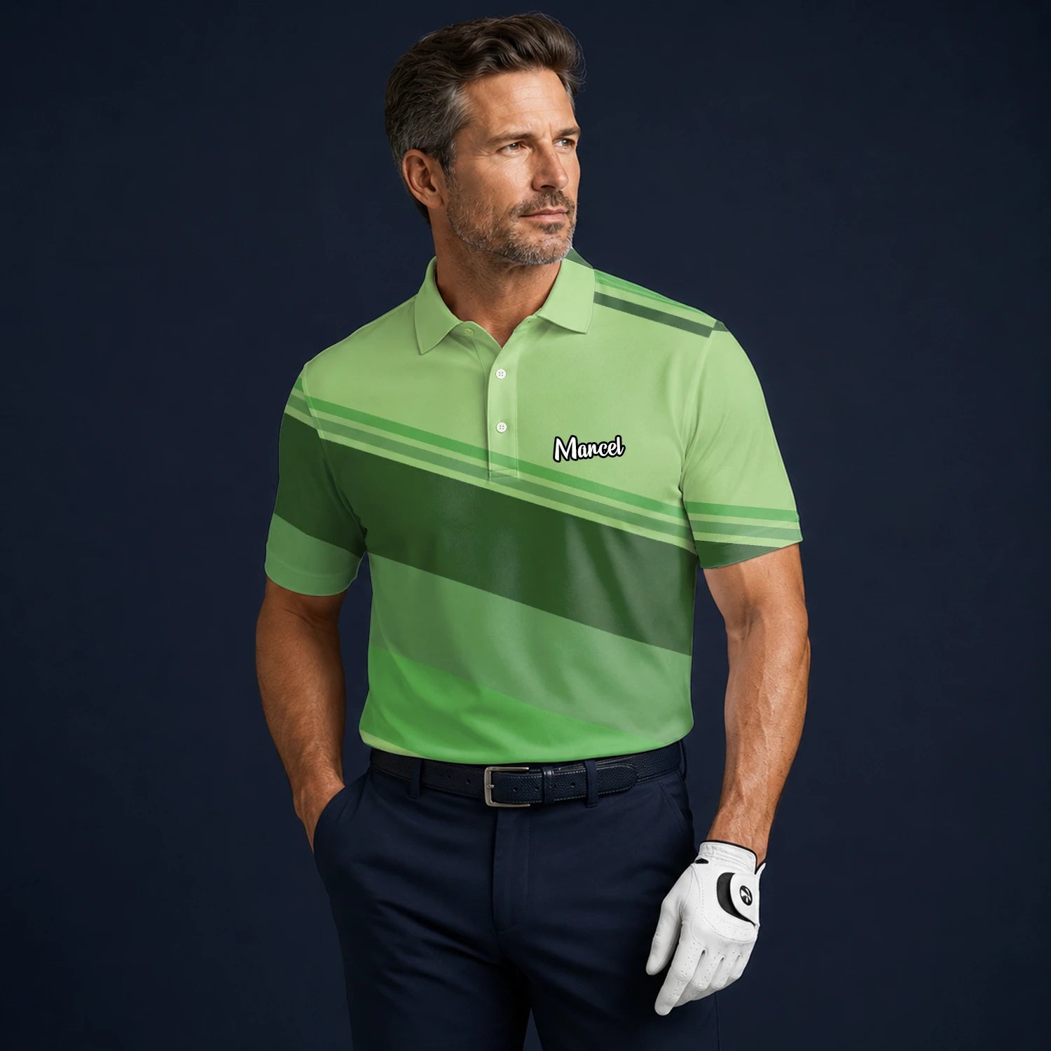 Personalised Light Green Geometric Stripe Golf Polo Shirt For Men S1599