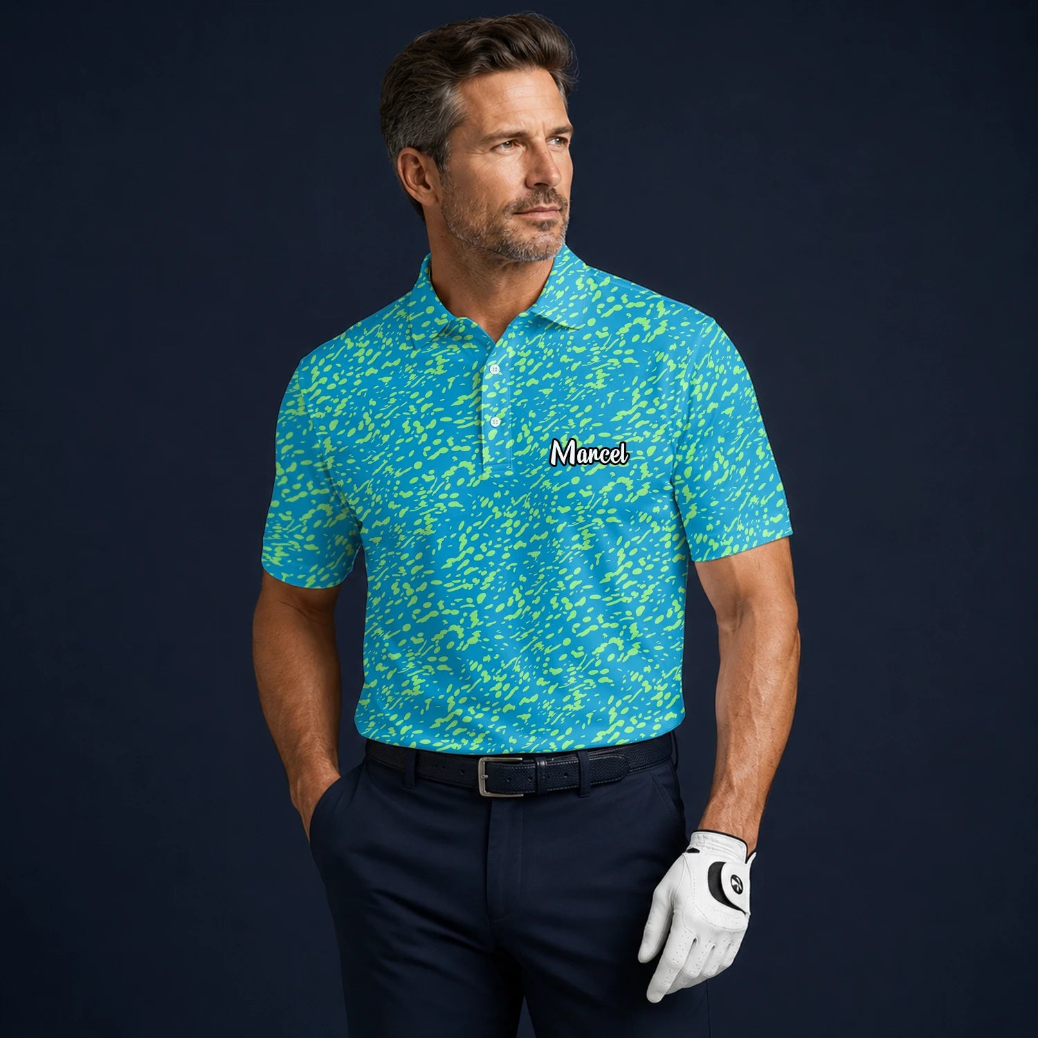 Personalised Turquoise Lime Paint Splatter Golf Polo Shirt For Men G8287