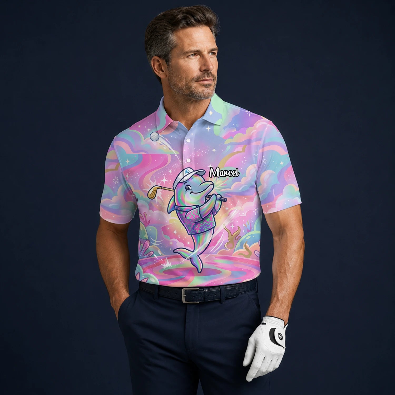 Personalised Pastel Rainbow Dolphin Golfer Cartoon Golf Polo Shirt For Men L3862