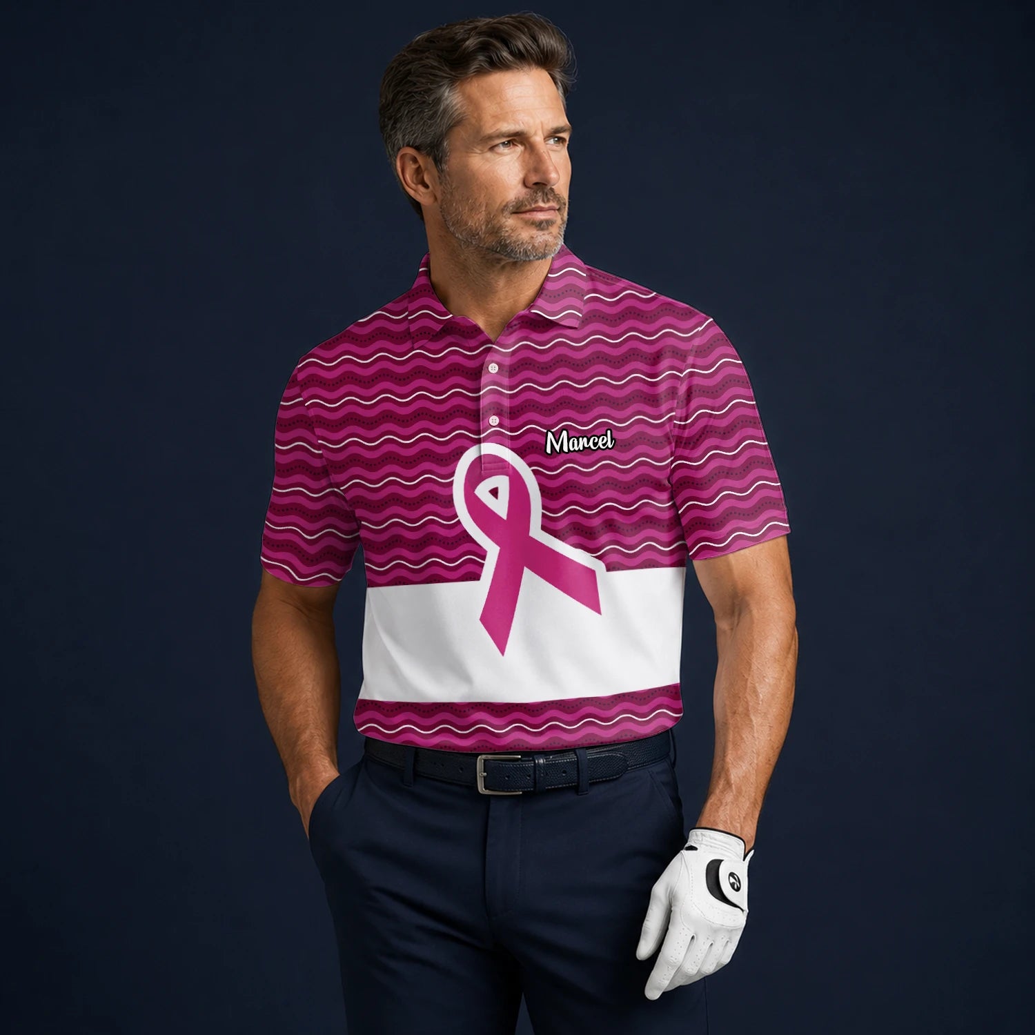 Personalised Pink Breast Cancer Awareness Ribbon Wave Golf Polo Shirt For Men B1640