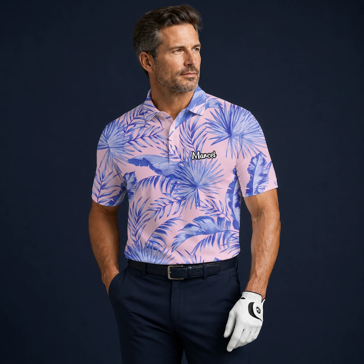 Personalised Pink Lavender Tropical Palm Leaf Golf Polo Shirt For Men M3354