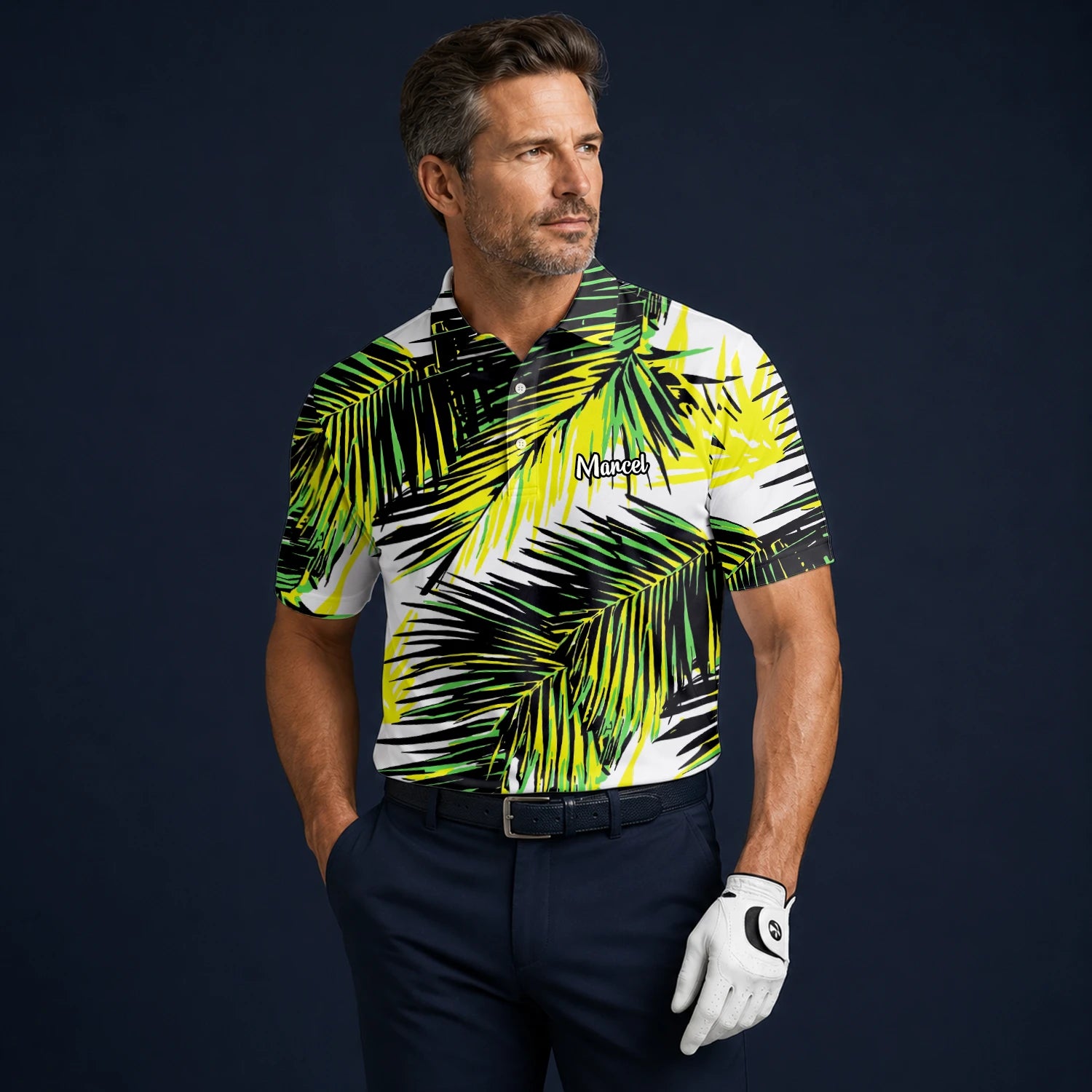 Personalised Black Lime Tropical Palm Leaf Golf Polo Shirt For Men R3070
