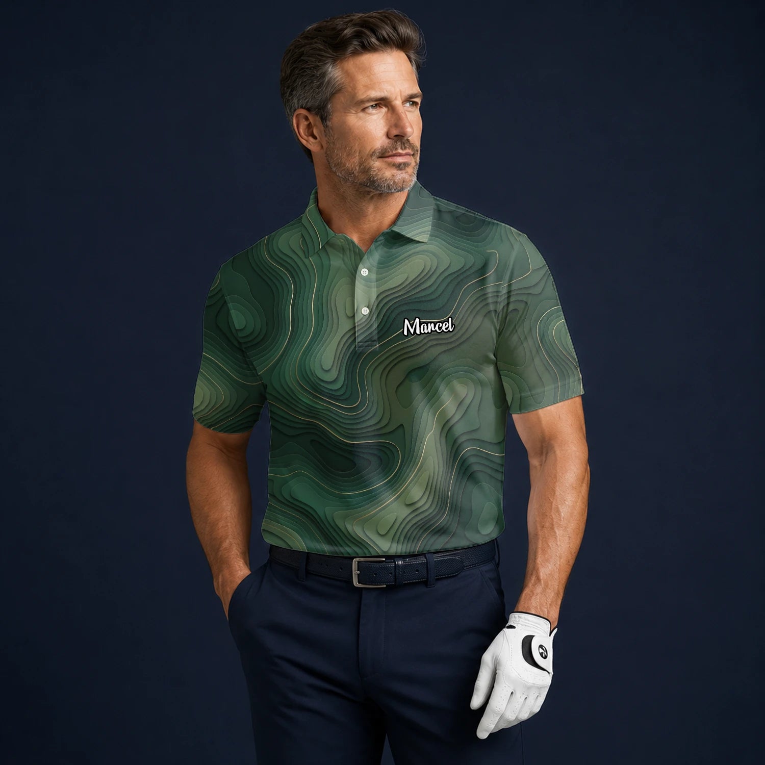 Personalised Green Topographic Contour Line Golf Polo Shirt For Men H2497