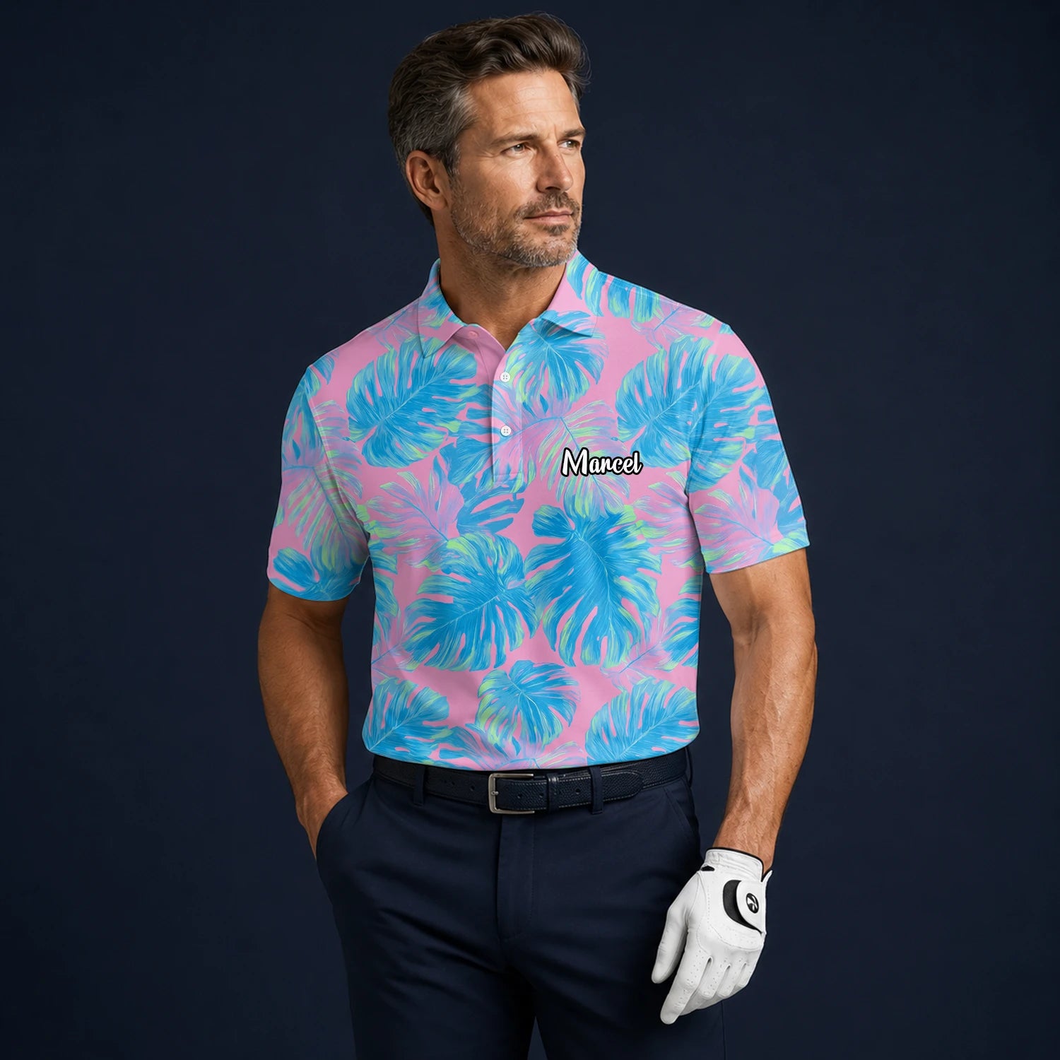 Personalised Pink Turquoise Tropical Monstera Leaf Golf Polo Shirt For Men C8385