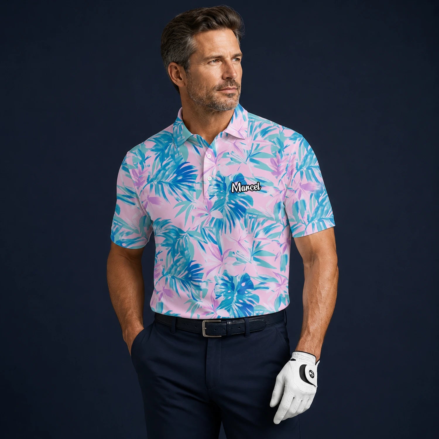 Personalised Pink Blue Tropical Leaf Golf Polo Shirt For Men K0497