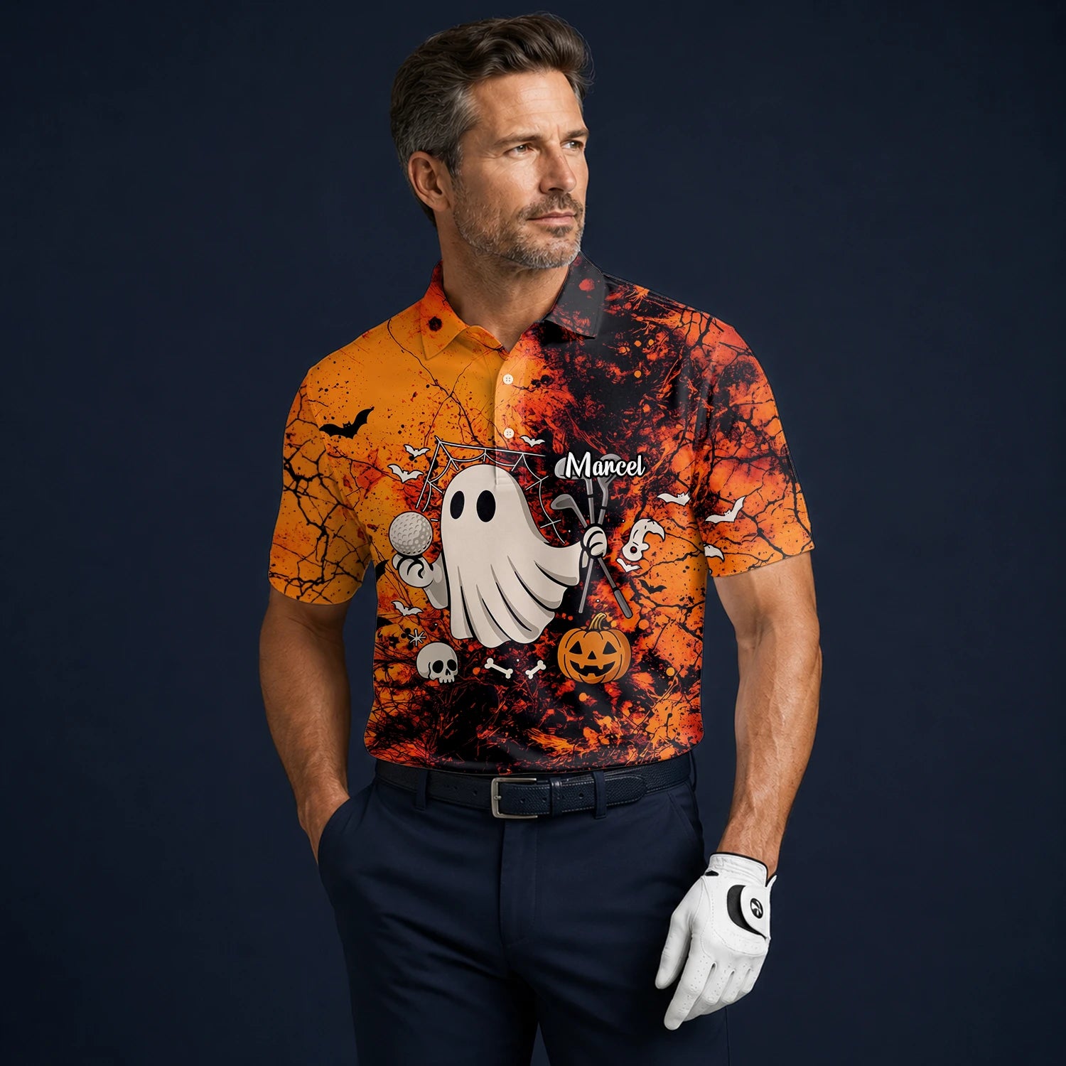 Personalised Orange Halloween Ghost Golfer Golf Polo Shirt For Men M0695