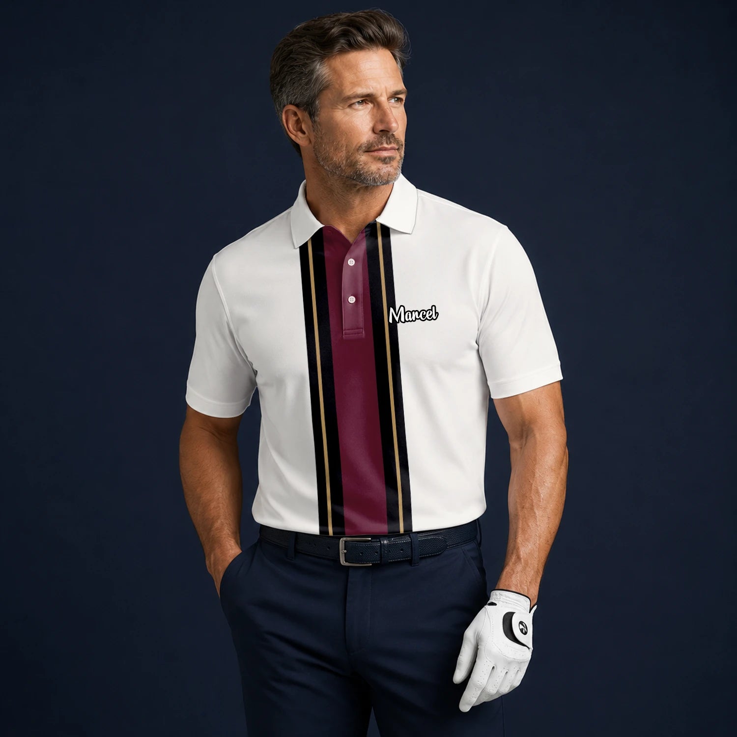 Personalised White Burgundy Black Racing Stripe Golf Polo Shirt For Men G7028