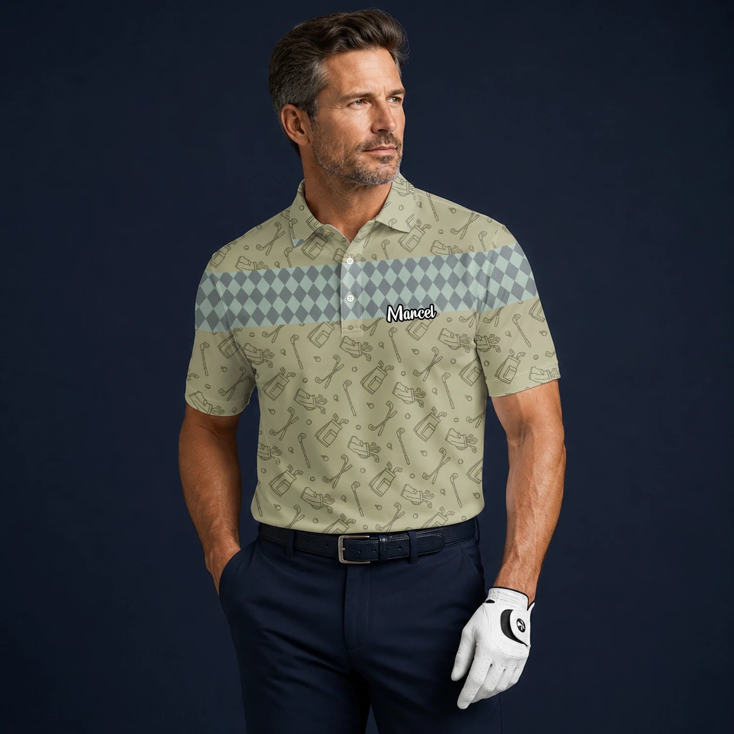Personalised Khaki Golf Club Sketch Argyle Golf Polo Shirt For Men K5983