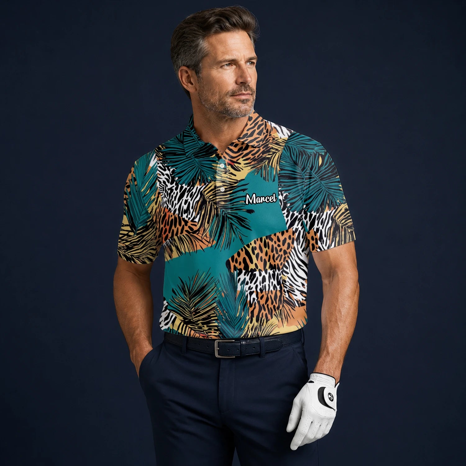 Personalised Teal Orange Tropical Palm Animal Print Golf Polo Shirt For Men A7122