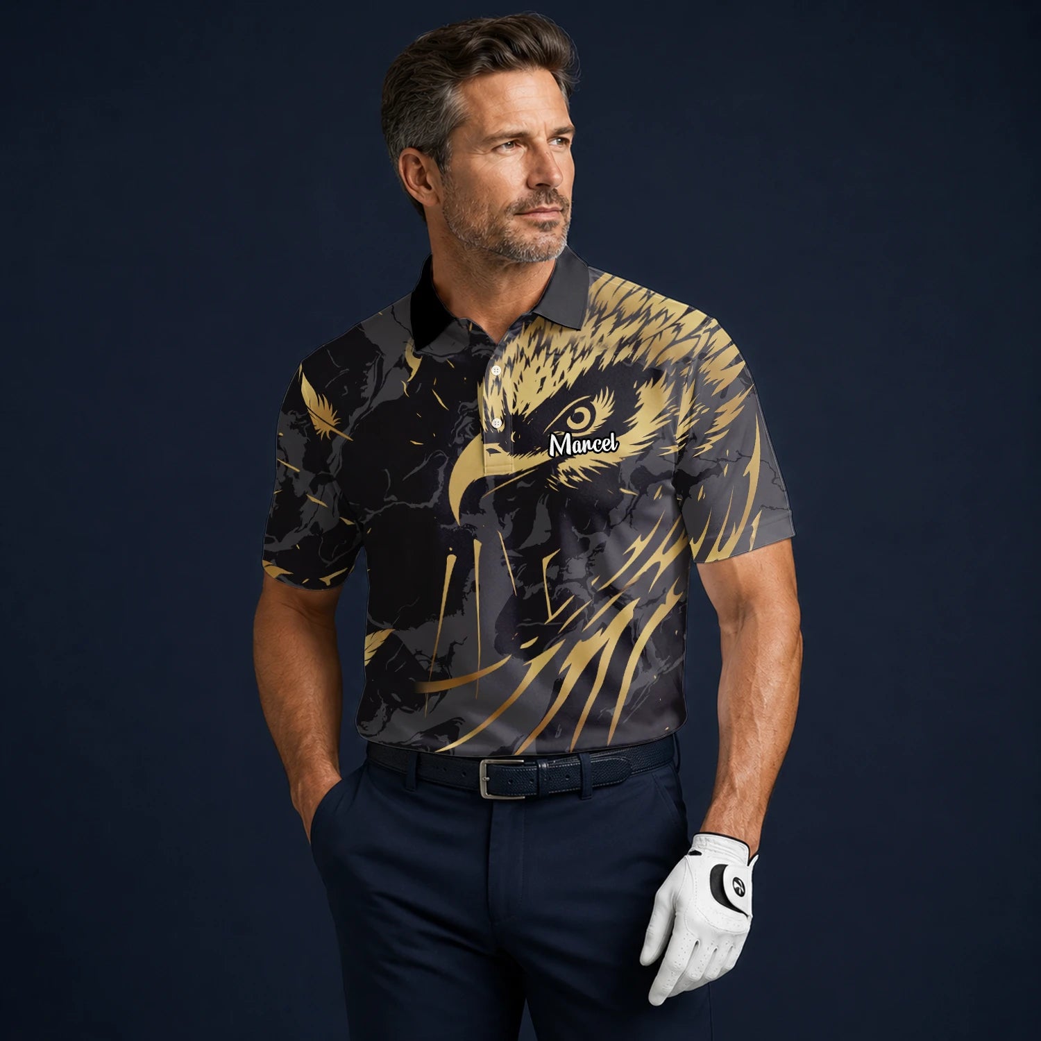 Personalised Black Gold Eagle Feather Golf Polo Shirt For Men F0802