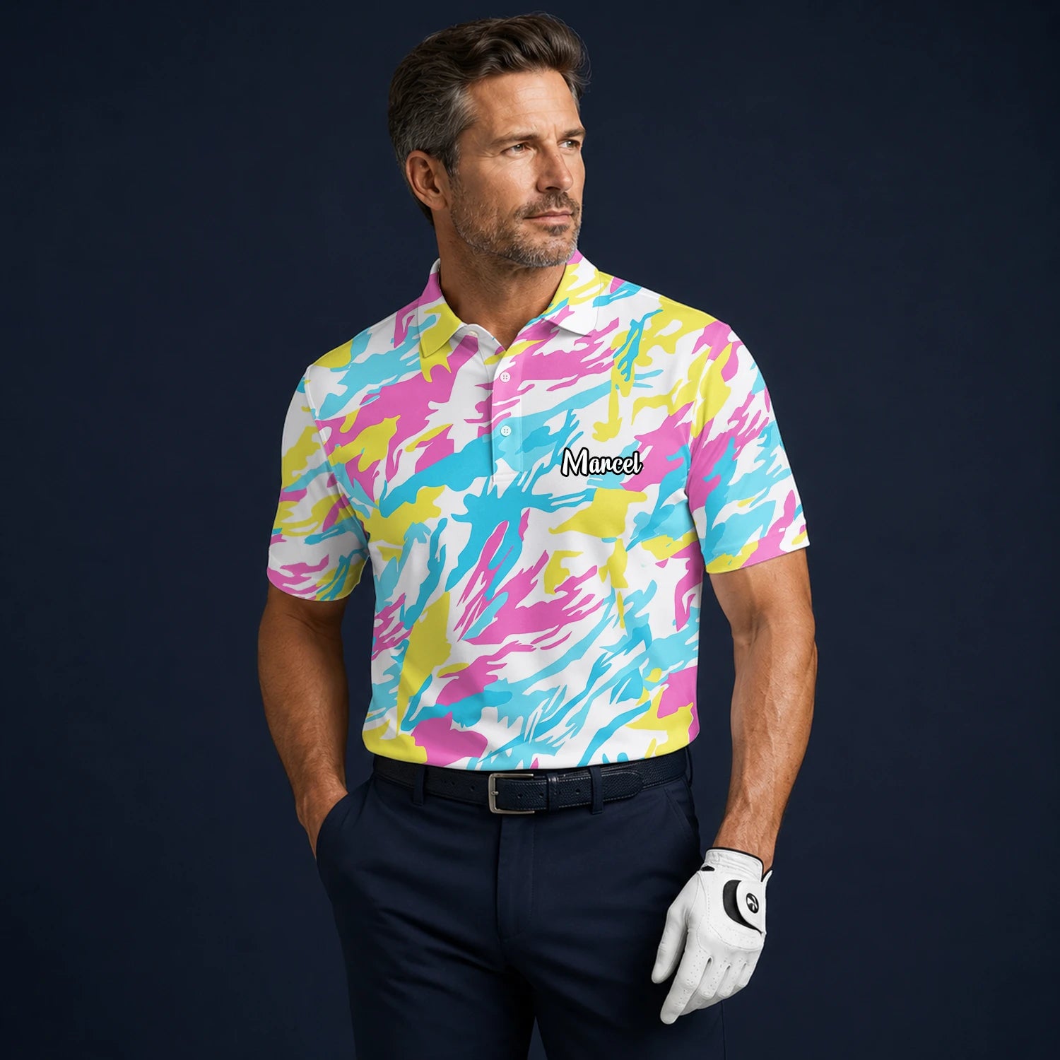 Personalised Pastel Rainbow Camo Golf Polo Shirt For Men F0280