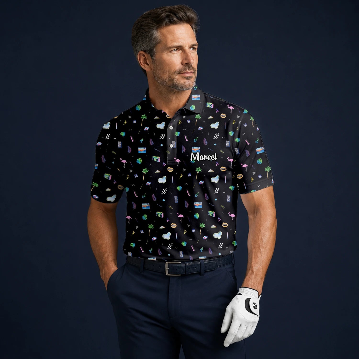 Personalised Black Holiday Travel Doodle Golf Polo Shirt For Men V7883