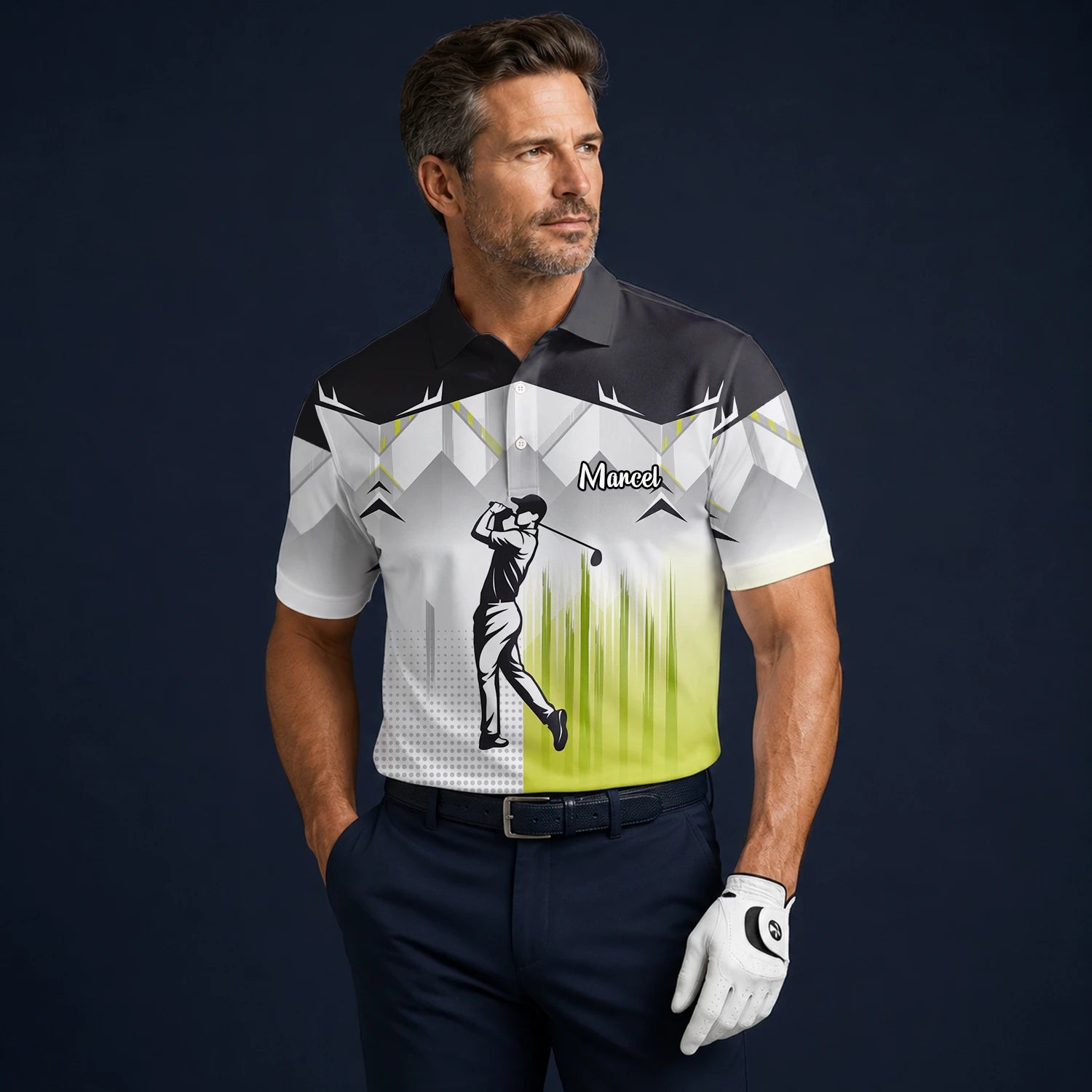 Personalised Black Grey Lime Golfer Silhouette Golf Polo Shirt For Men F4552