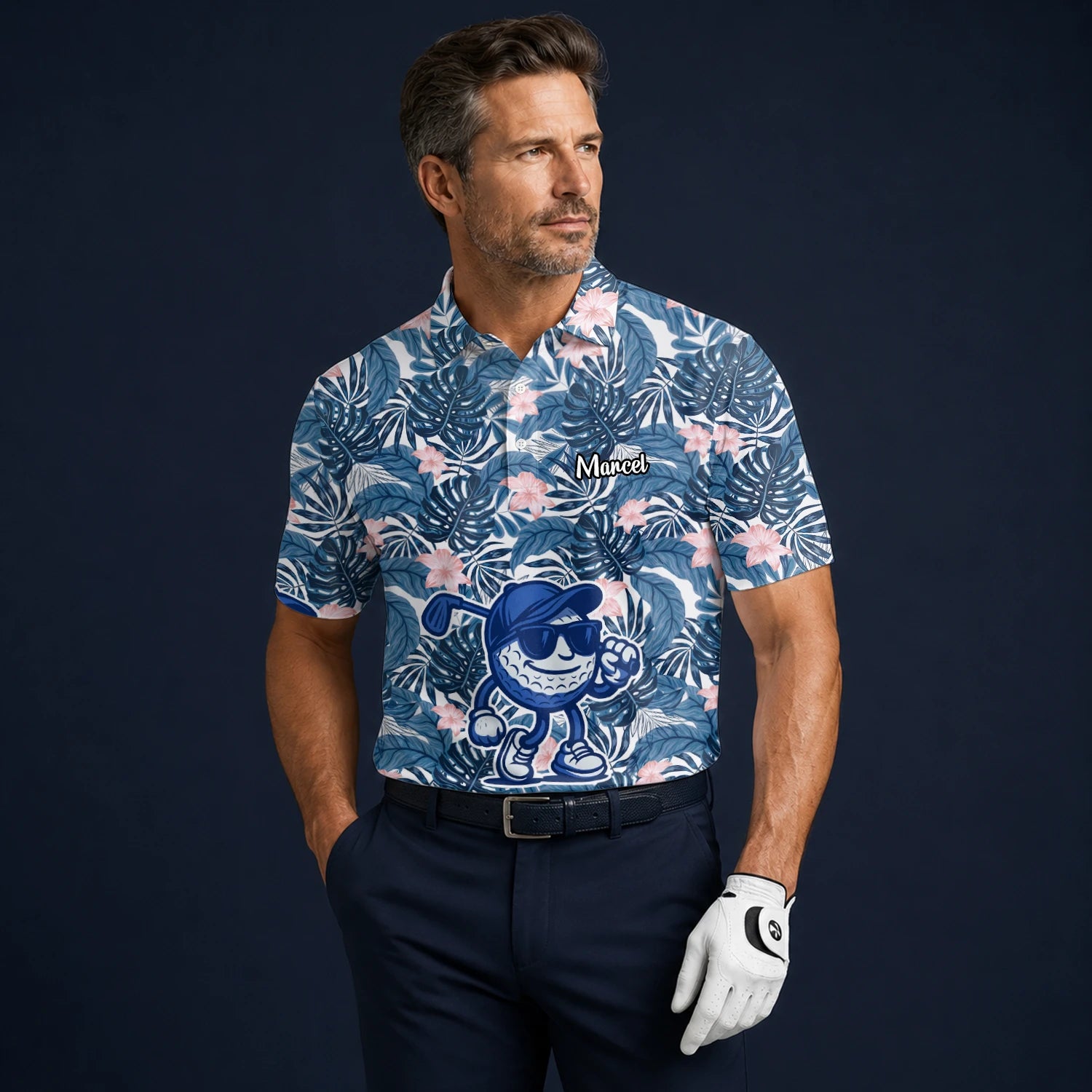 Personalised Navy Tropical Leaf Golf Ball Cartoon Golf Polo Shirt For Men I7191