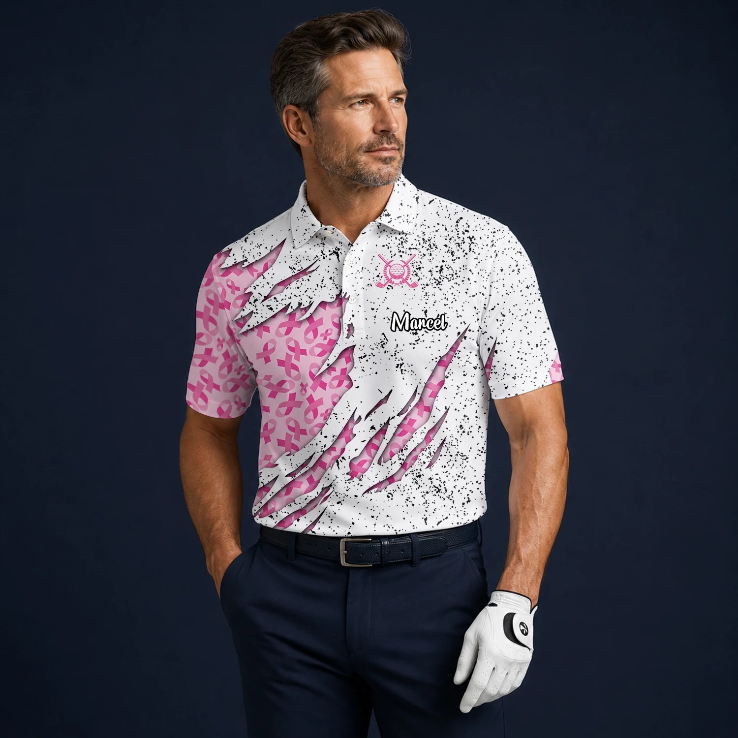 Personalised White Pink Breast Cancer Ribbon Torn Golf Polo Shirt For Men B7190