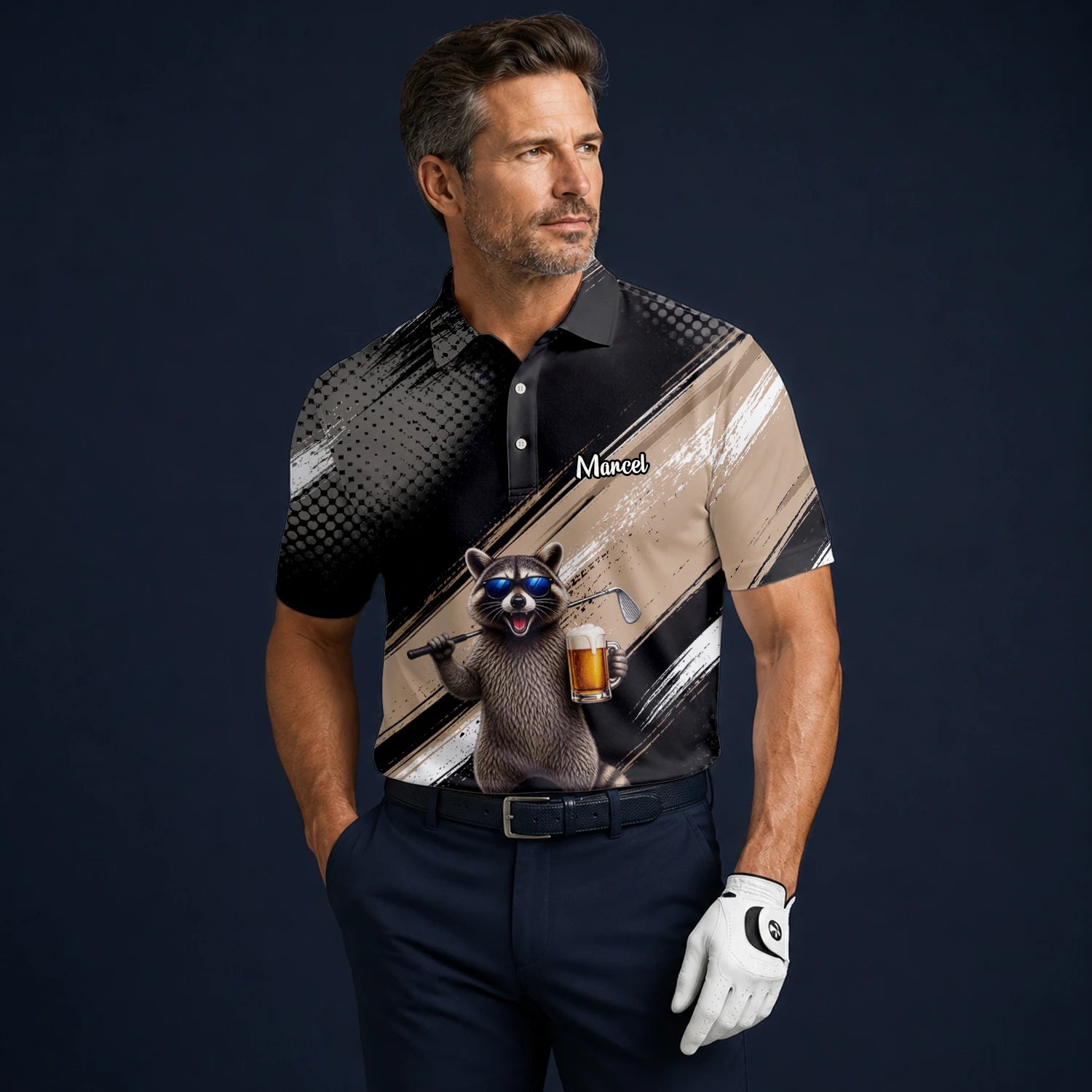 Personalised Black Beige Raccoon Beer Golfer Cartoon Golf Polo Shirt For Men K7921
