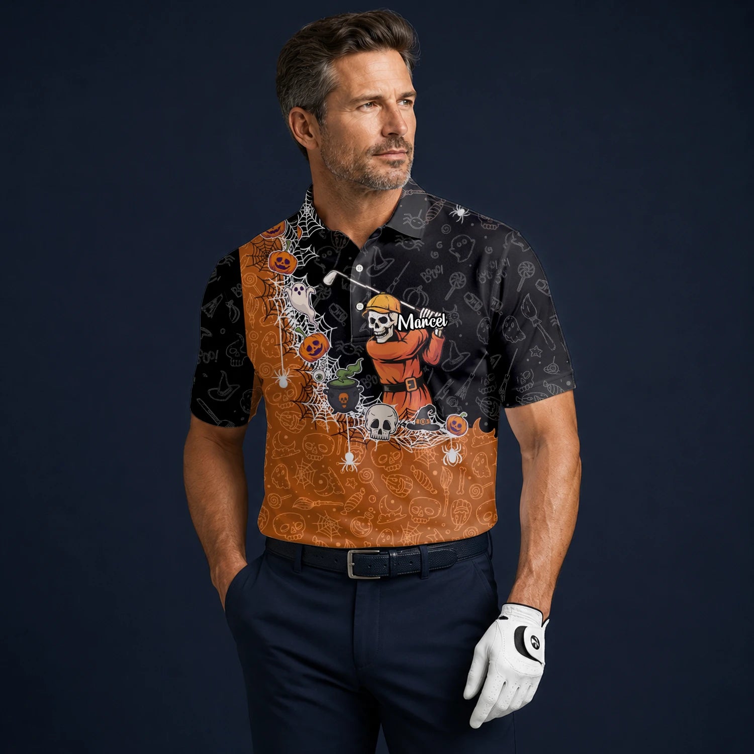 Personalised Black Orange Halloween Skeleton Golfer Web Golf Polo Shirt For Men Y5076