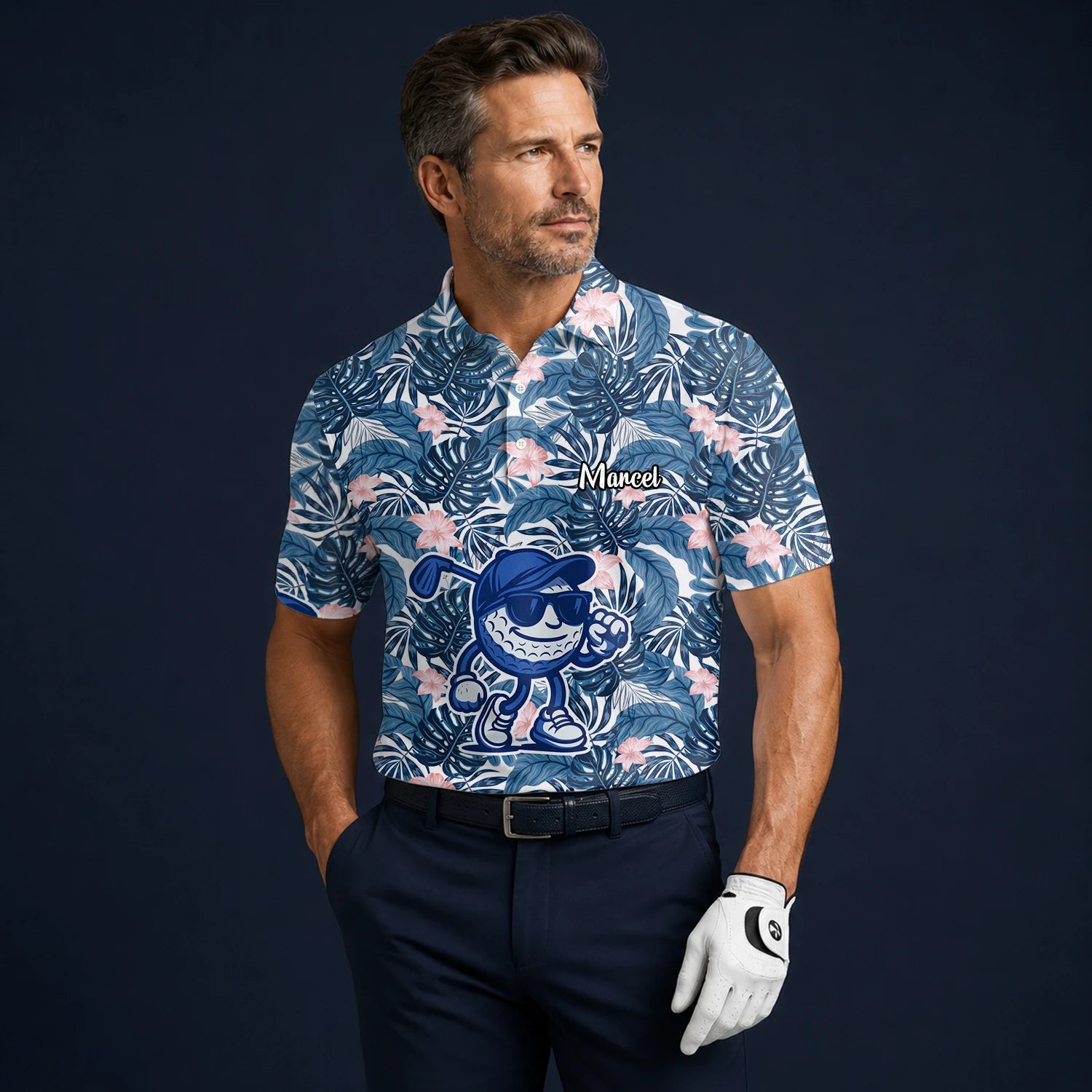 Personalised Navy Tropical Leaf Golf Ball Cartoon Golf Polo Shirt For Men I7191
