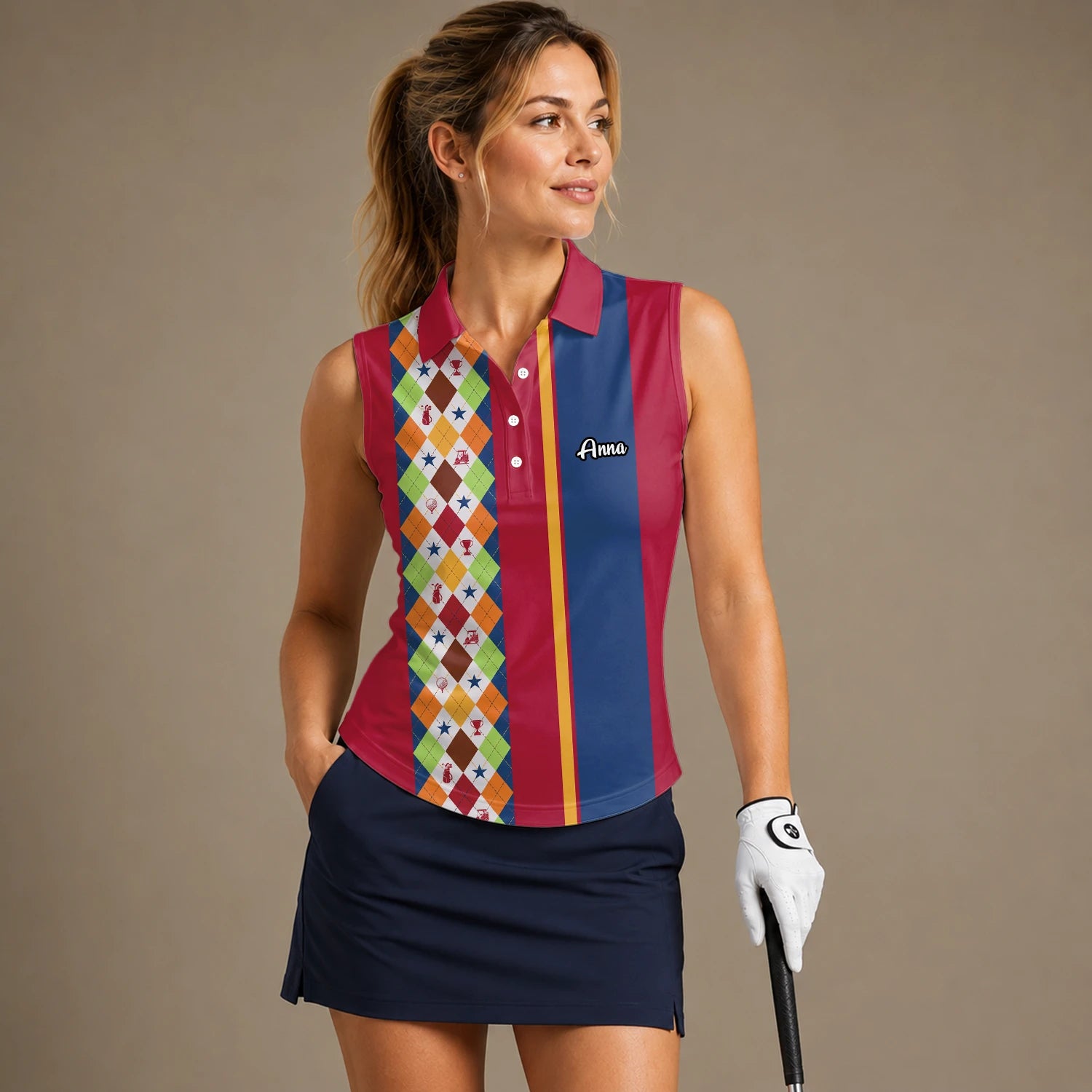 Personalised Red Blue Colourful Argyle Golf Polo Shirt For Women V1769