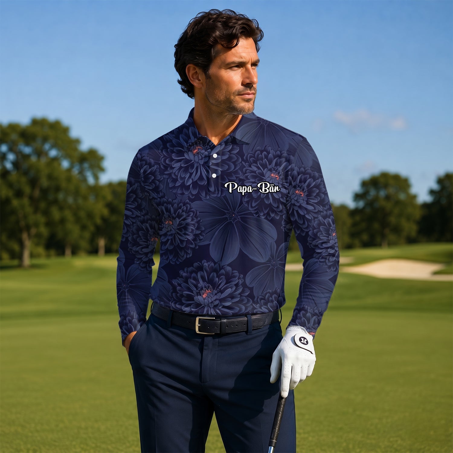 Personalised Dark Navy Chrysanthemum Floral Golf Polo Shirt For Men A0086