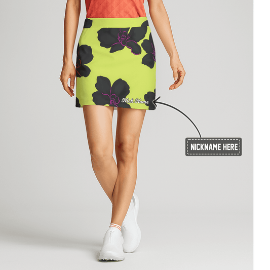 Personalized Women's Golf Skort Vibrant Lime Green with Black Orchid Floral Print P5613 main image - S