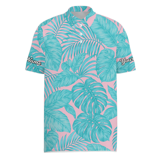 Personalized Tropical Palm Monstera Men's Golf Polo Shirt Pink Turquoise I7136 main image - Men Polo S
