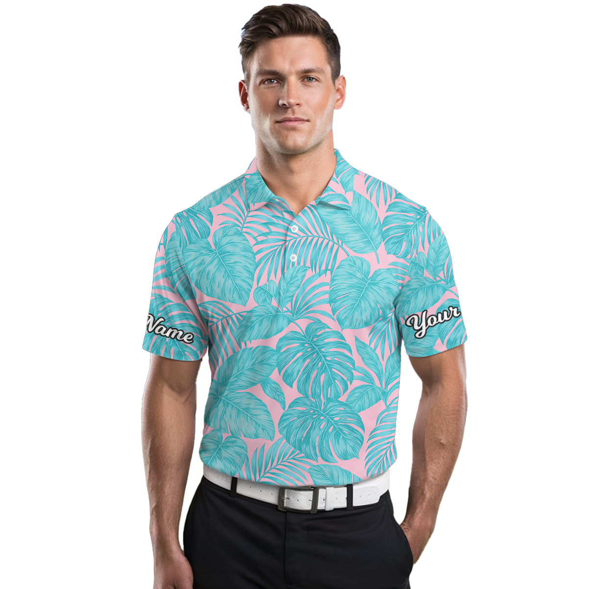 Personalized Tropical Palm Monstera Men's Golf Polo Shirt Pink Turquoise I7136 additional image 3