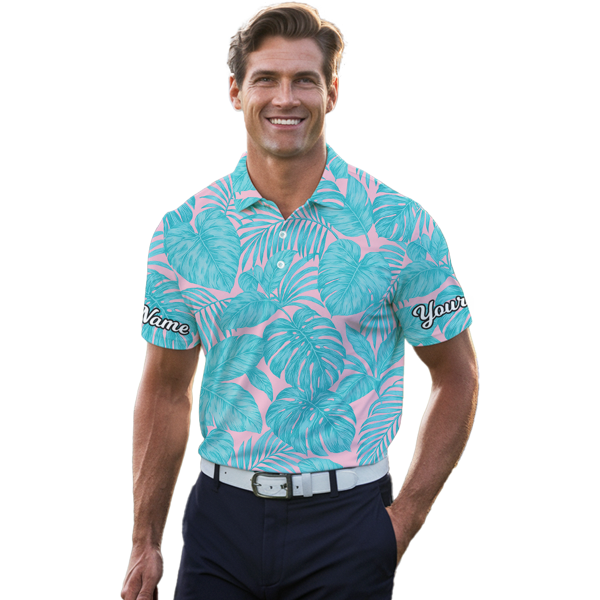 Personalized Tropical Palm Monstera Men's Golf Polo Shirt Pink Turquoise I7136 additional image 4
