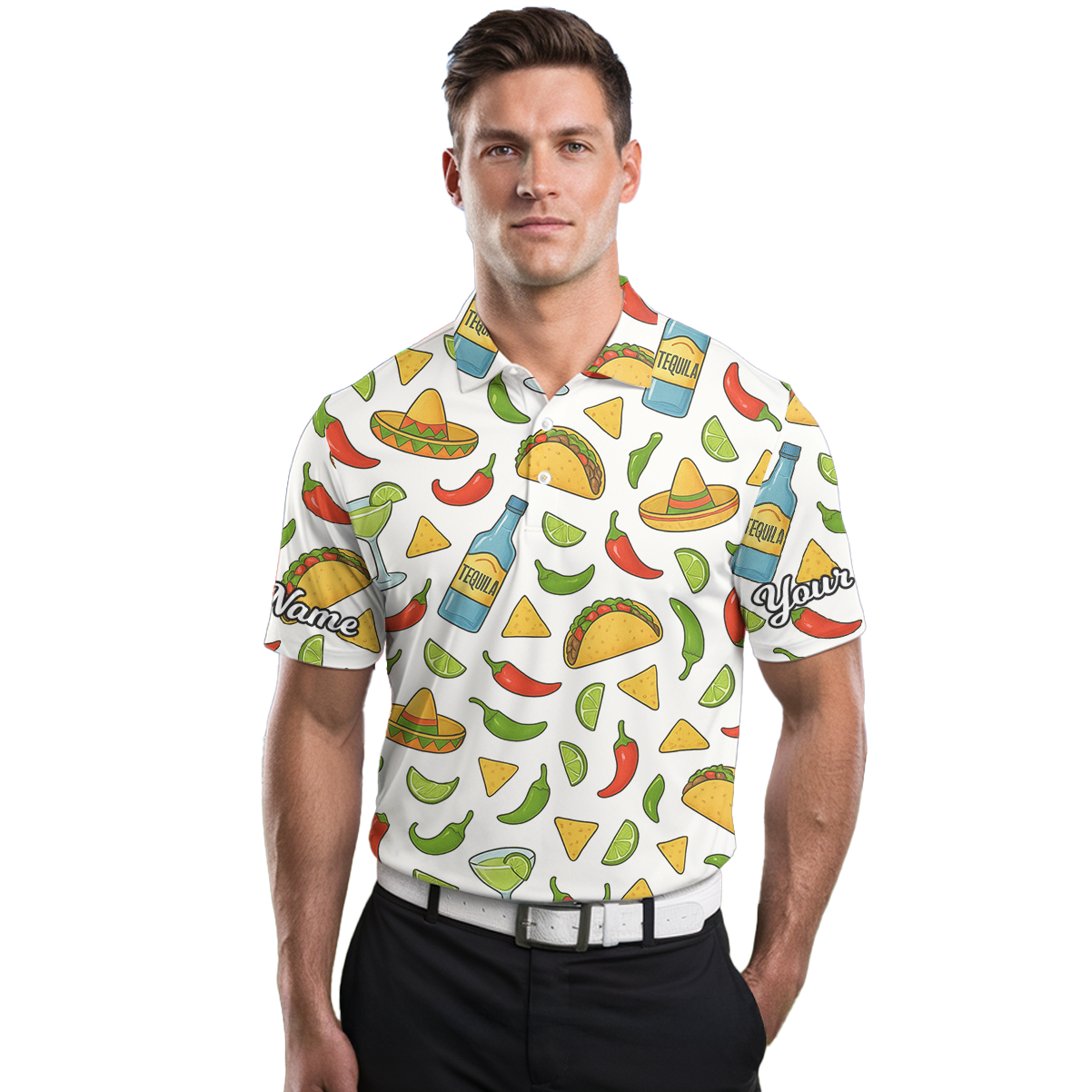 Personalized Golf Polo Shirt for Men Funny Mexican Fiesta Taco Tequila Print White U1397 additional image 3