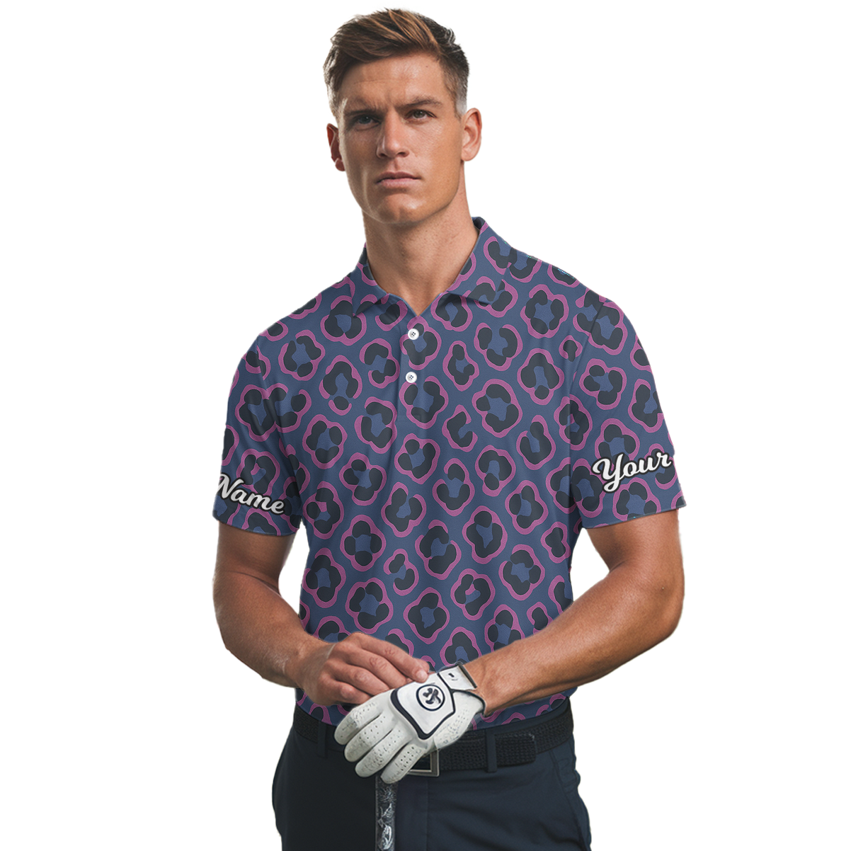 Personalized Custom Men's Golf Polo Abstract Leopard Print Blue Pink Black L3041 additional image 2