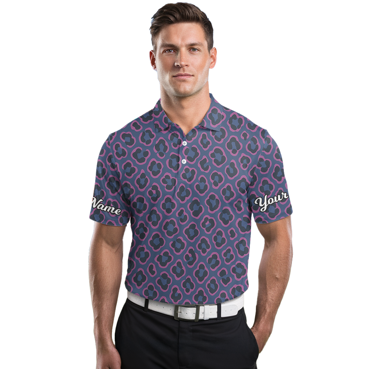 Personalized Custom Men's Golf Polo Abstract Leopard Print Blue Pink Black L3041 additional image 3