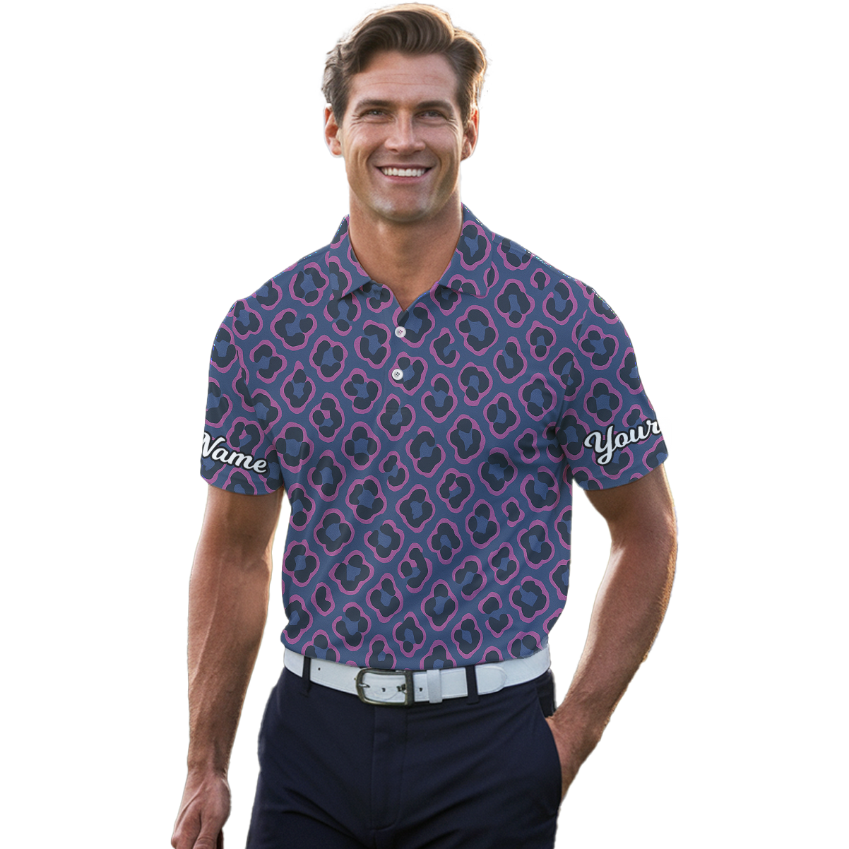 Personalized Custom Men's Golf Polo Abstract Leopard Print Blue Pink Black L3041 additional image 4