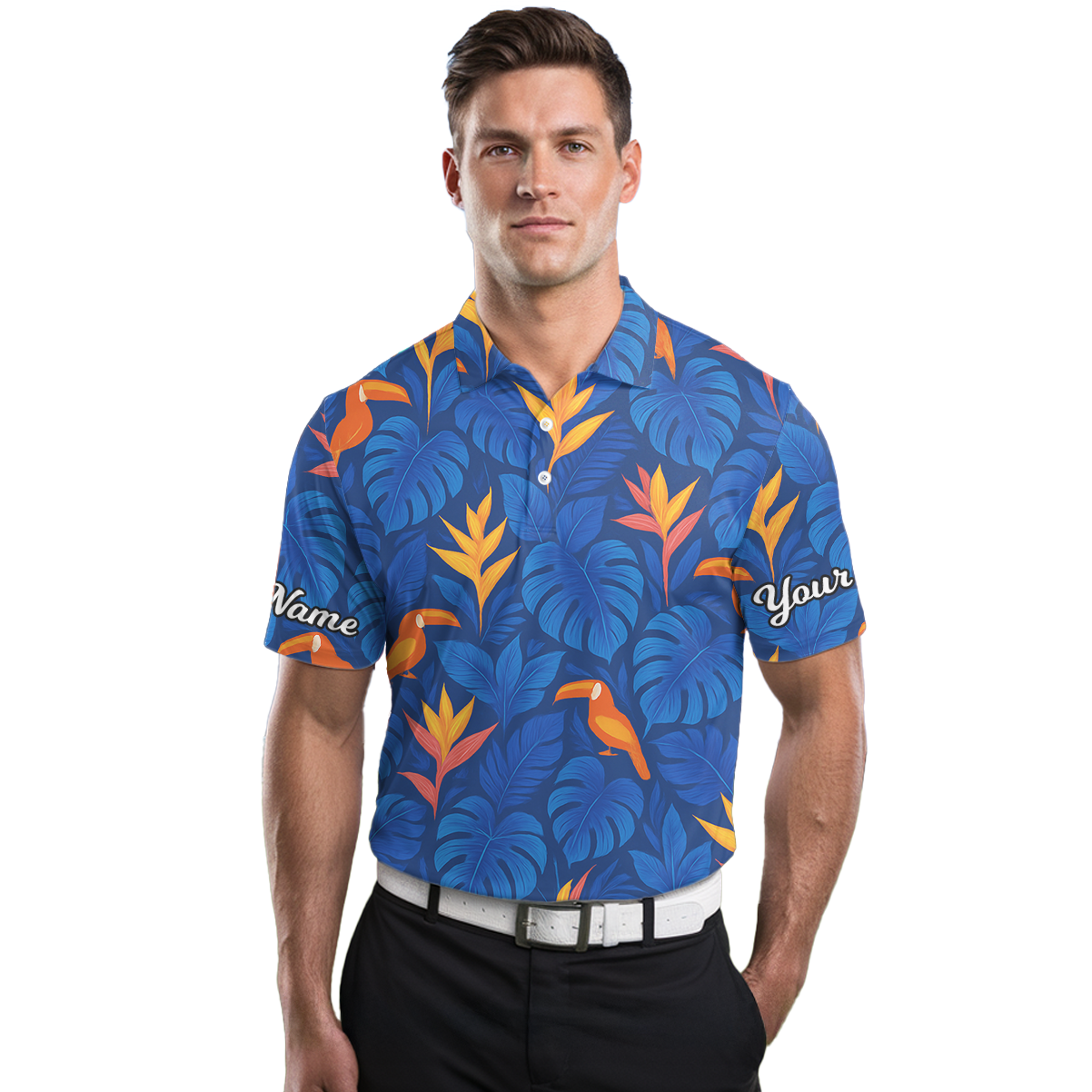 Personalized Blue Hawaiian Tropical Toucan Bird of Paradise Golf Polo Shirt Men S4883 additional image 3