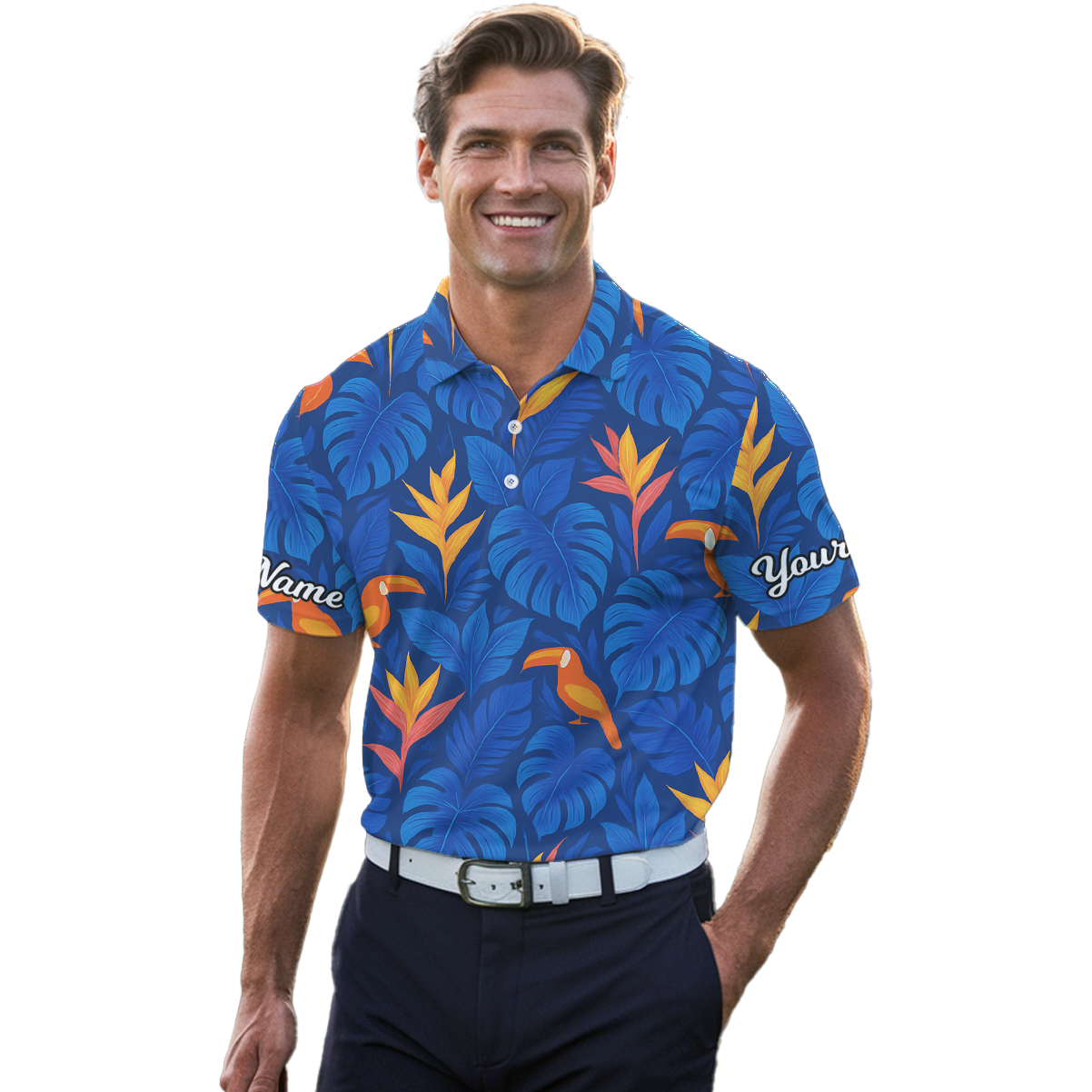 Personalized Blue Hawaiian Tropical Toucan Bird of Paradise Golf Polo Shirt Men S4883 additional image 4