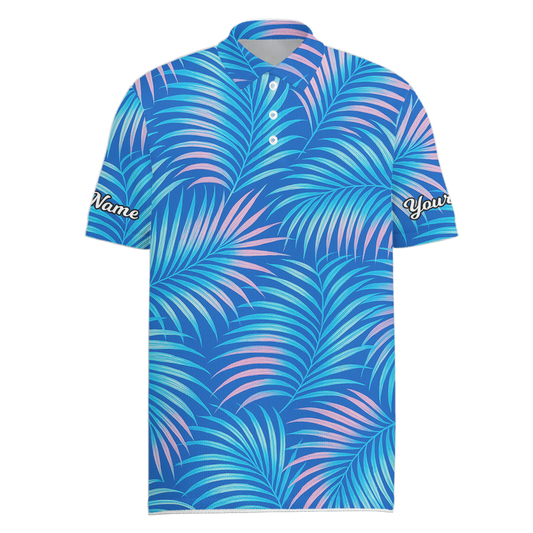 Personalized Tropical Palm Leaf Golf Polo Shirt For Men Blue Pink B6744 main image - Men Polo S