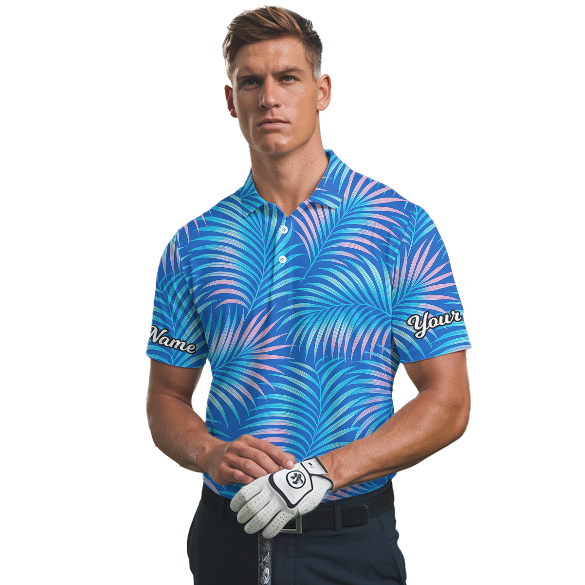 Personalized Tropical Palm Leaf Golf Polo Shirt For Men Blue Pink B6744 additional image 2