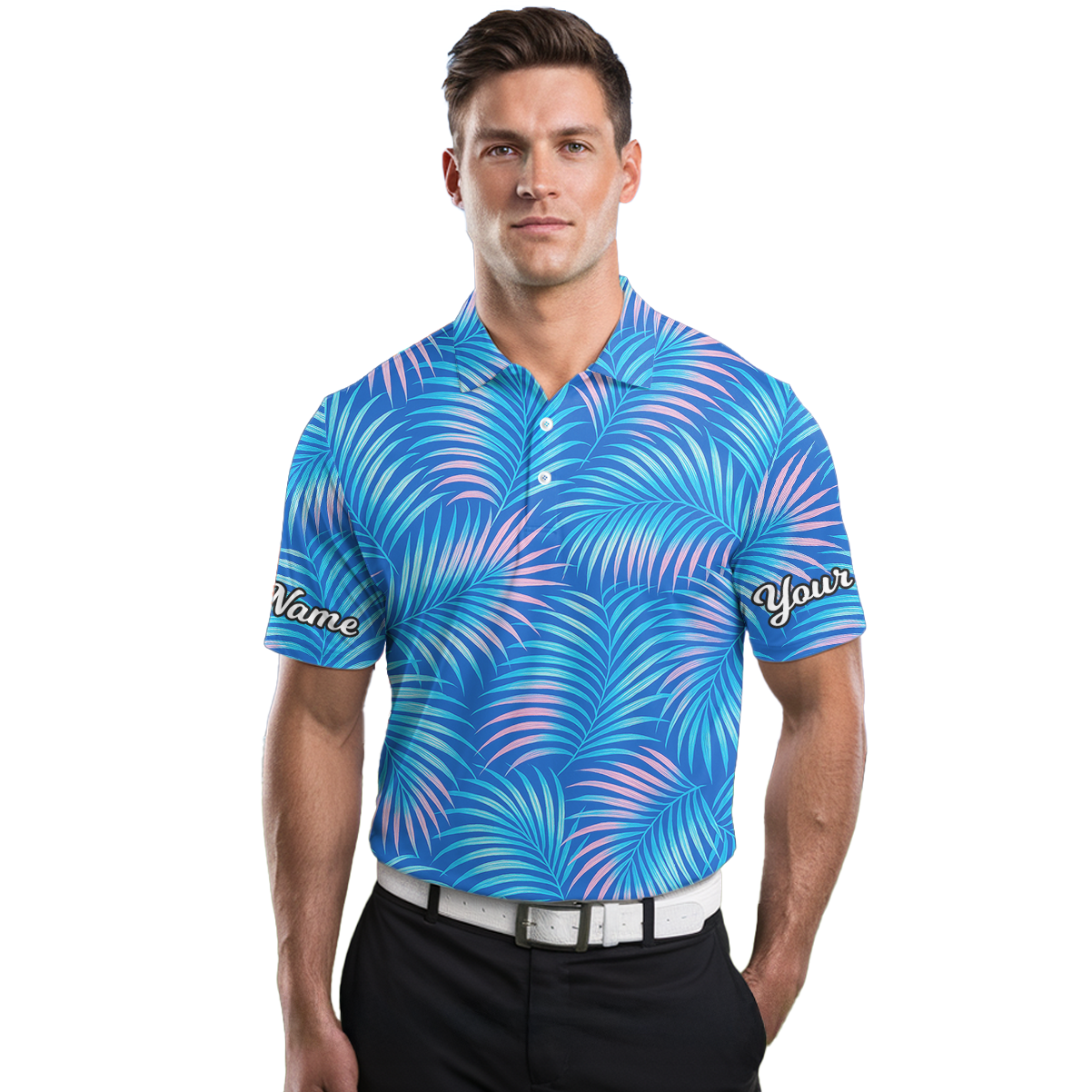 Personalized Tropical Palm Leaf Golf Polo Shirt For Men Blue Pink B6744 additional image 3