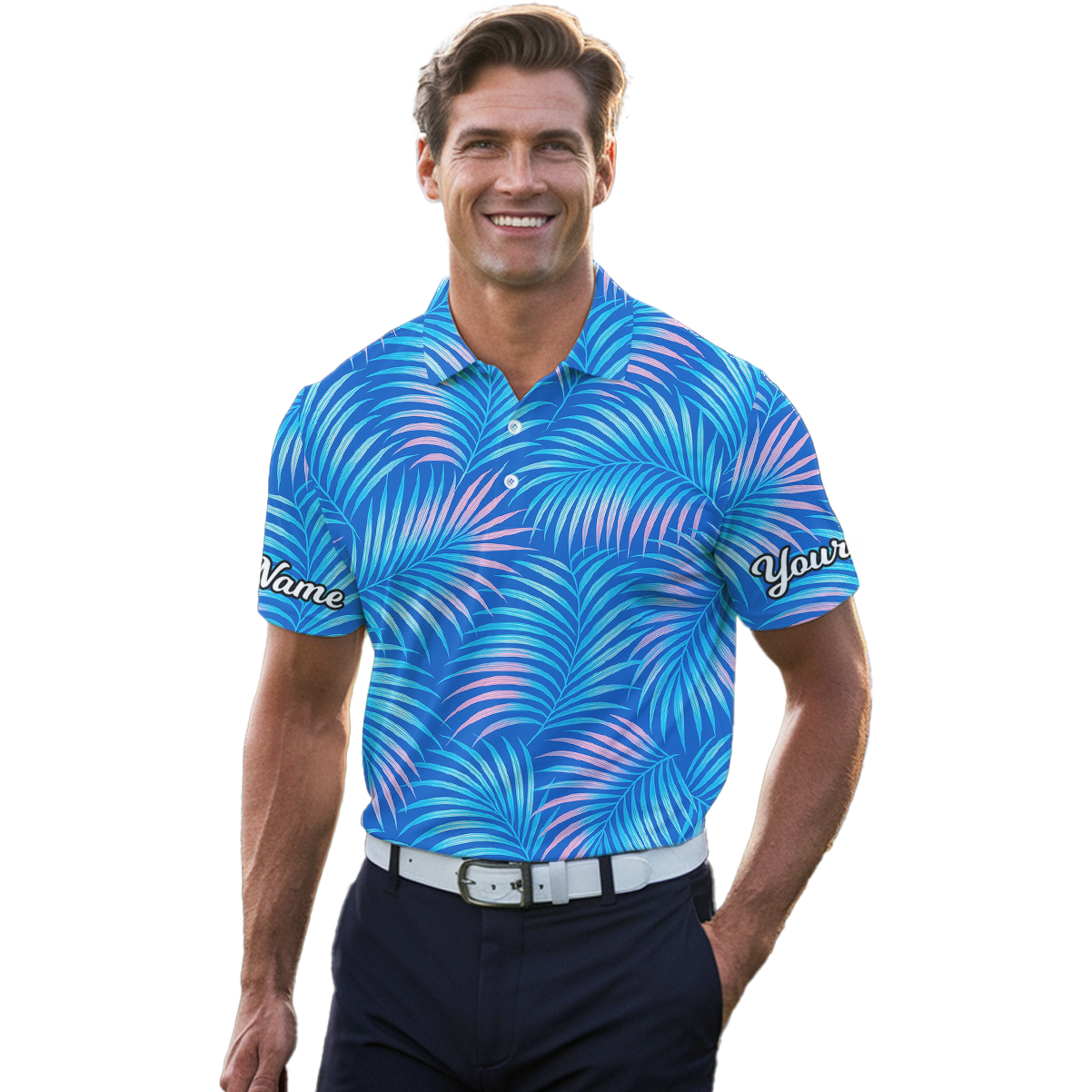Personalized Tropical Palm Leaf Golf Polo Shirt For Men Blue Pink B6744 additional image 4