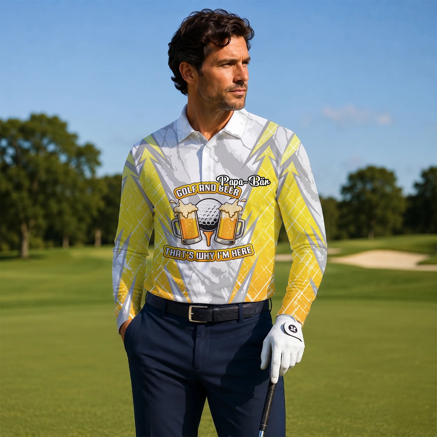 Personalised Grey Yellow Golf And Beer Slogan Golf Polo Shirt For Men P2319