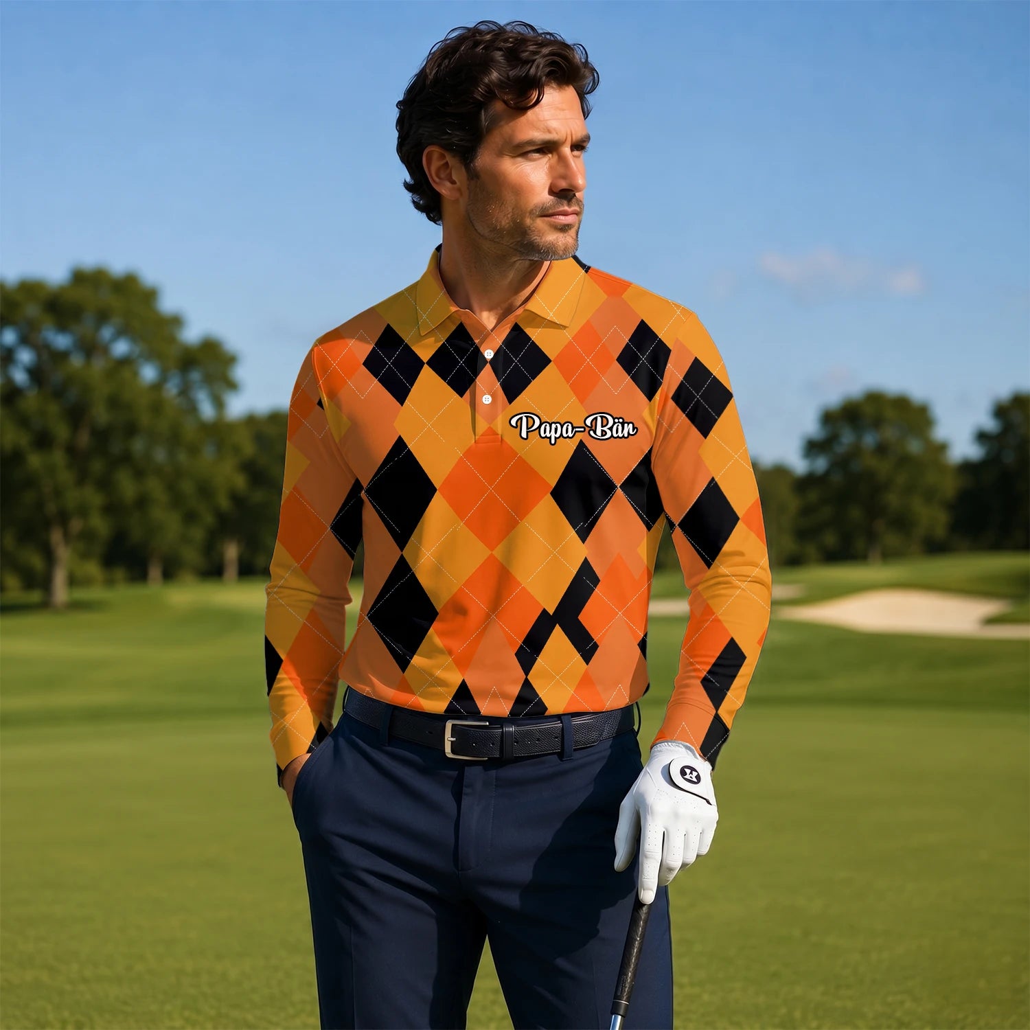 Personalised Orange Black Argyle Diamond Golf Polo Shirt For Men C4203