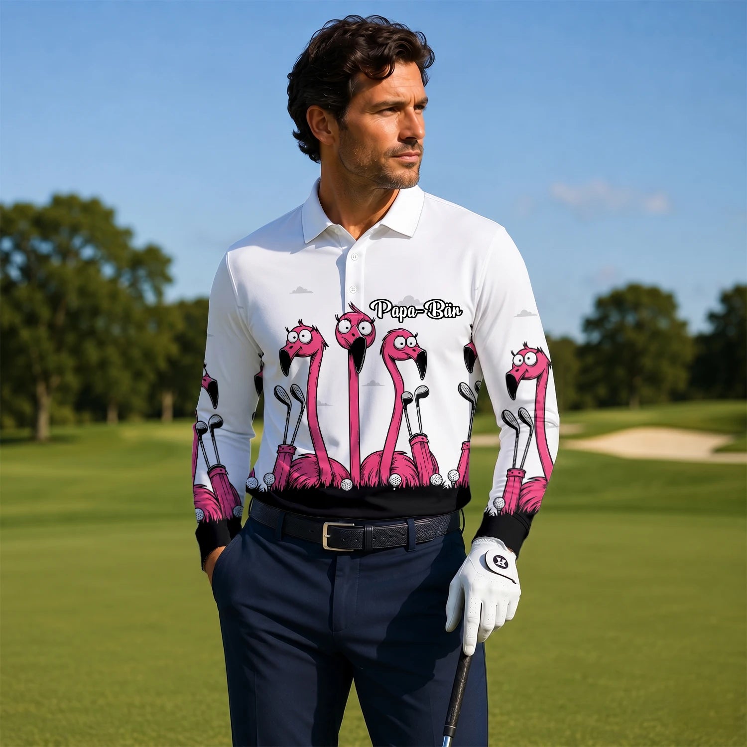 Personalised White Pink Flamingo Cartoon Golf Polo Shirt For Men I6113