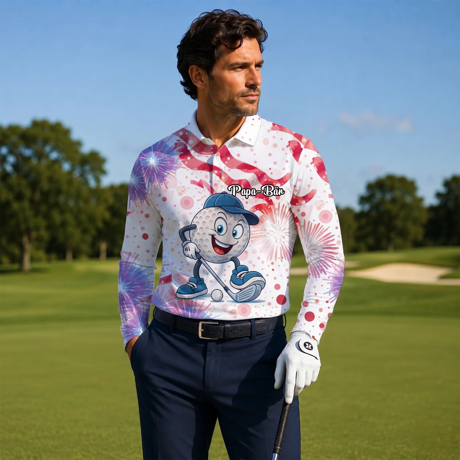 Personalised White Pink Golf Ball Cartoon Firework Golf Polo Shirt For Men C2083