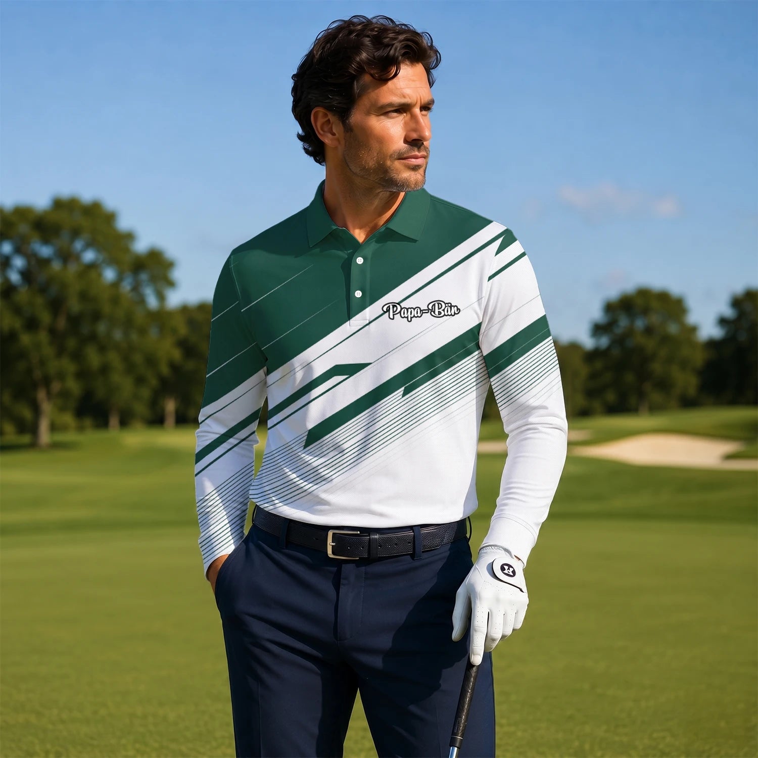 Personalised Green White Abstract Stripe Golf Polo Shirt For Men E5041