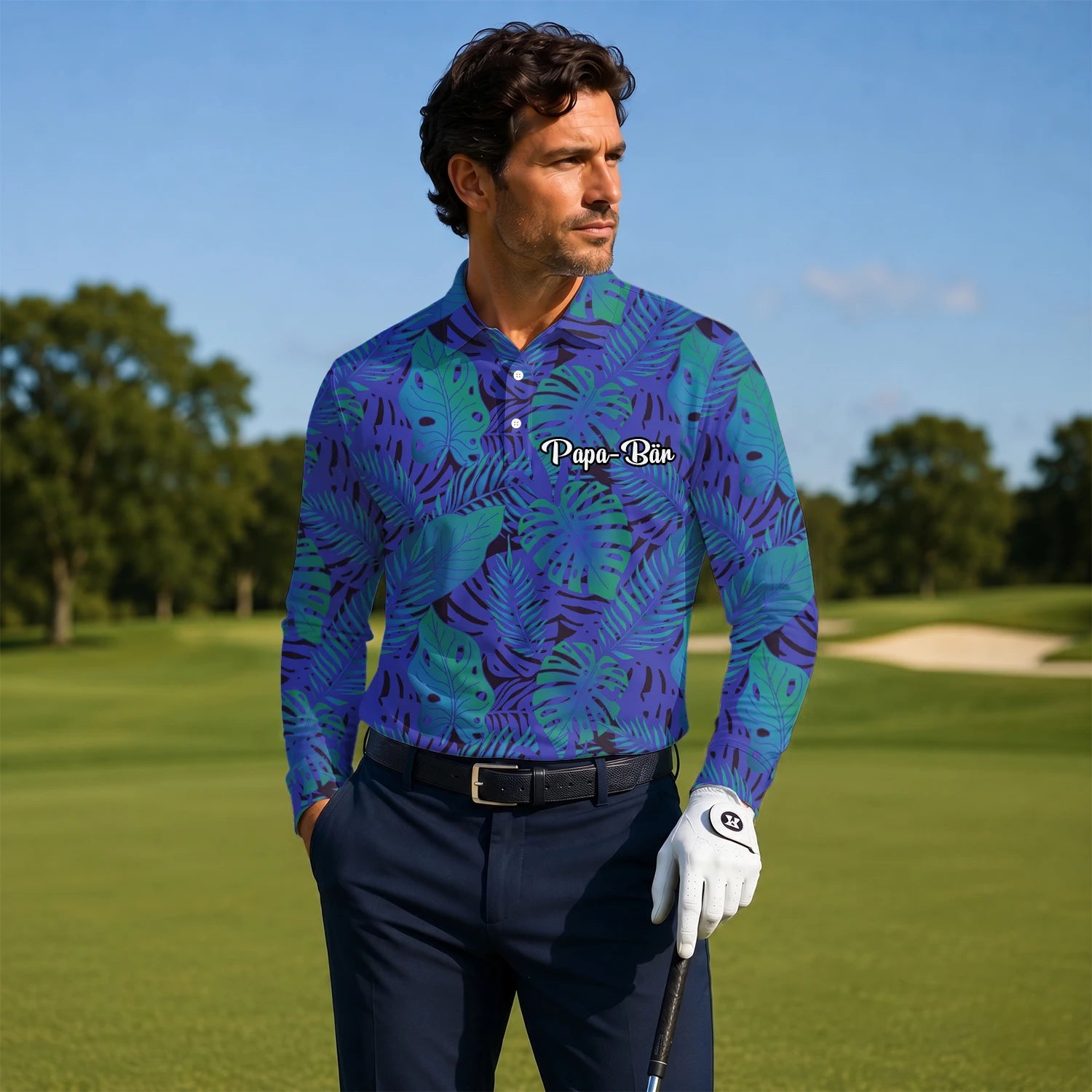 Personalised Blue Purple Tropical Monstera Leaf Golf Polo Shirt For Men G3142