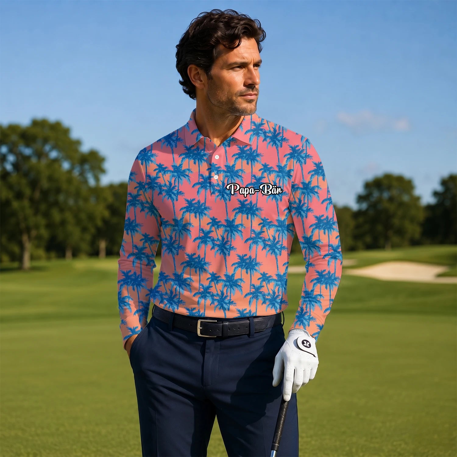 Personalised Coral Pink Blue Palm Tree Golf Polo Shirt For Men A5845